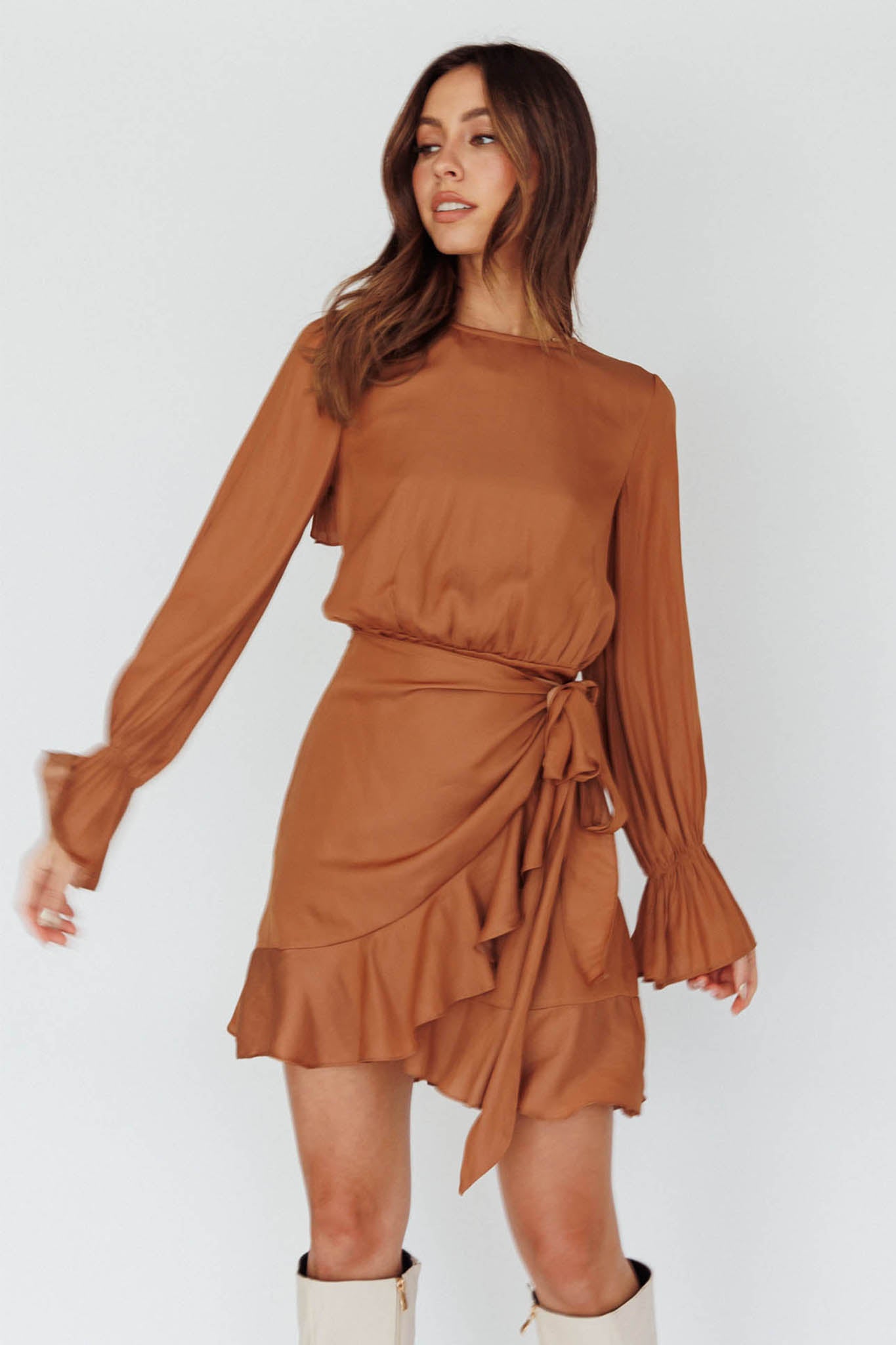 Darla Long Sleeve Satin Dress Tan by Selfie Leslie Australia