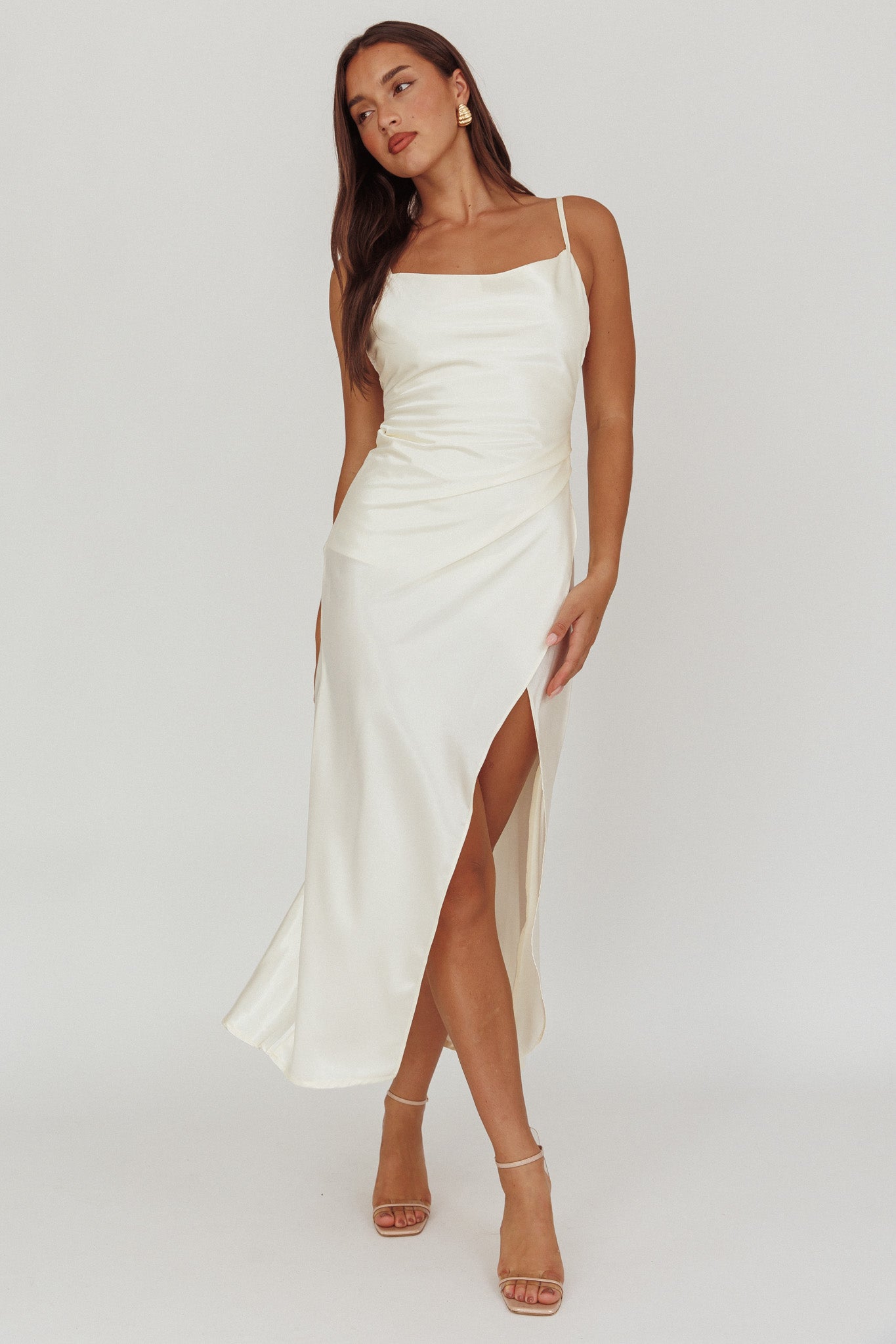 Hey Girl Long Satin Cowl Neck Dress Champagne by Selfie Leslie Australia