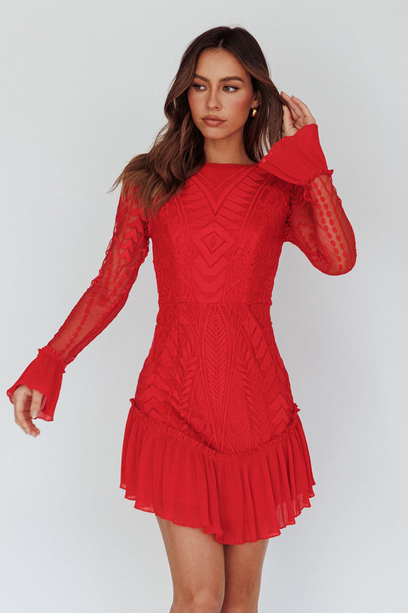 Dreamy Long Sleeve Mini Dress Red by Selfie Leslie Australia