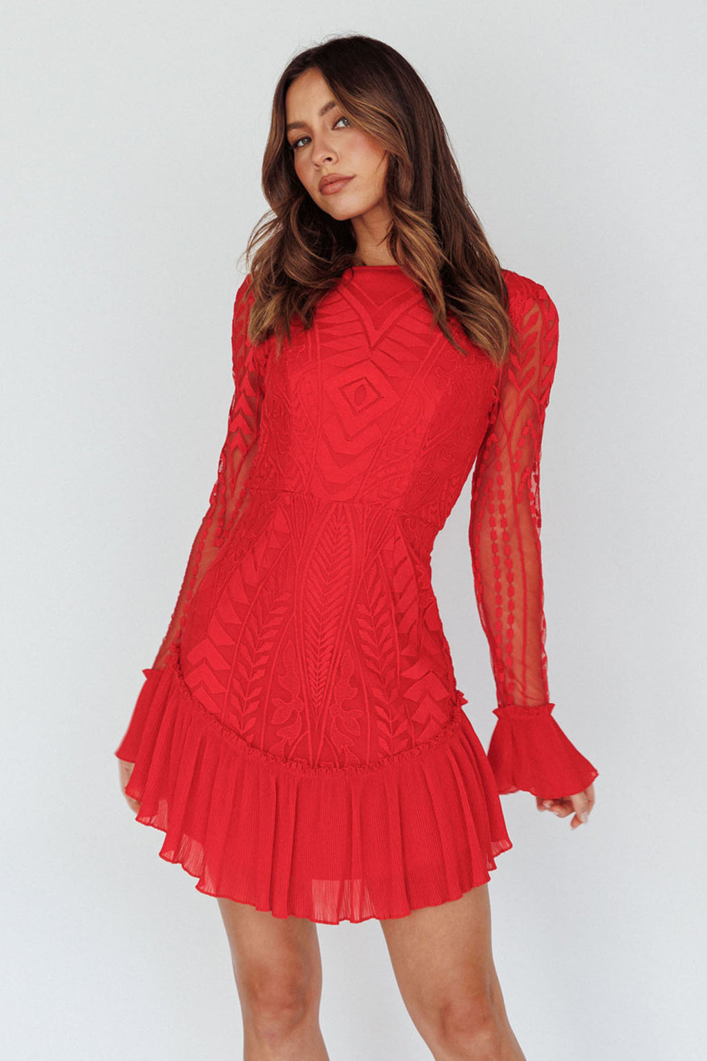 Dreamy Long Sleeve Mini Dress Red by Selfie Leslie Australia