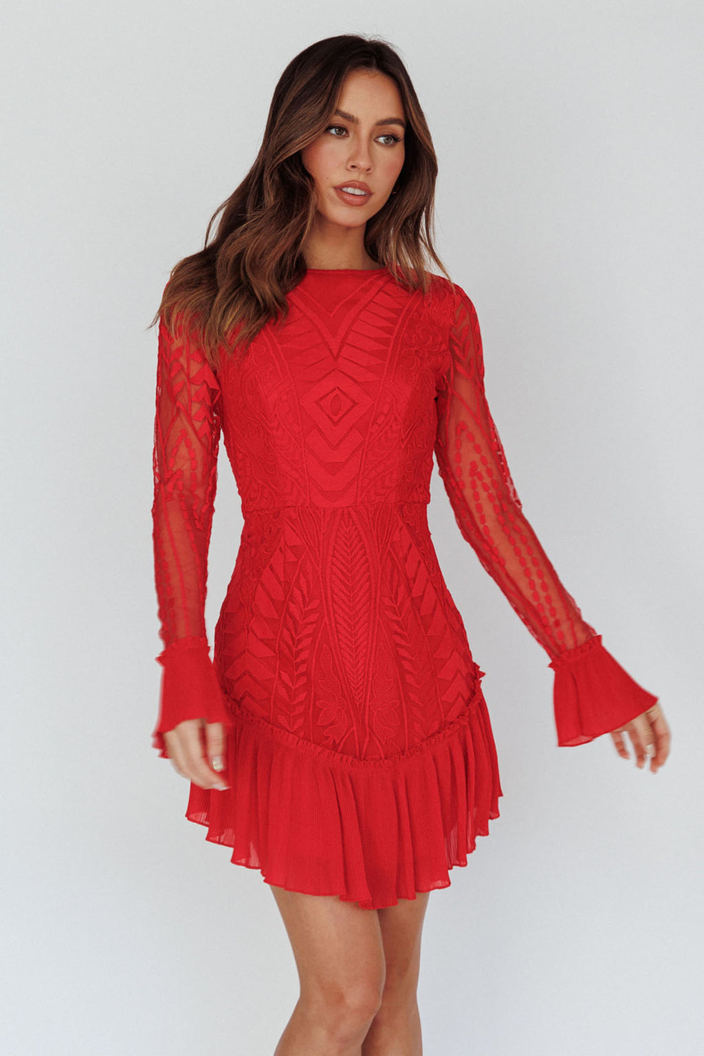 Dreamy Long Sleeve Mini Dress Red by Selfie Leslie Australia