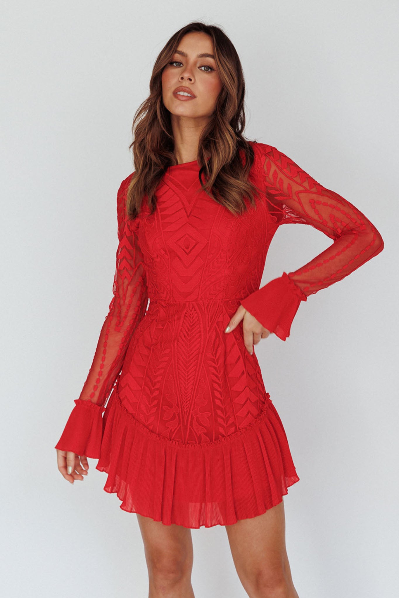 Dreamy Long Sleeve Mini Dress Red by Selfie Leslie Australia