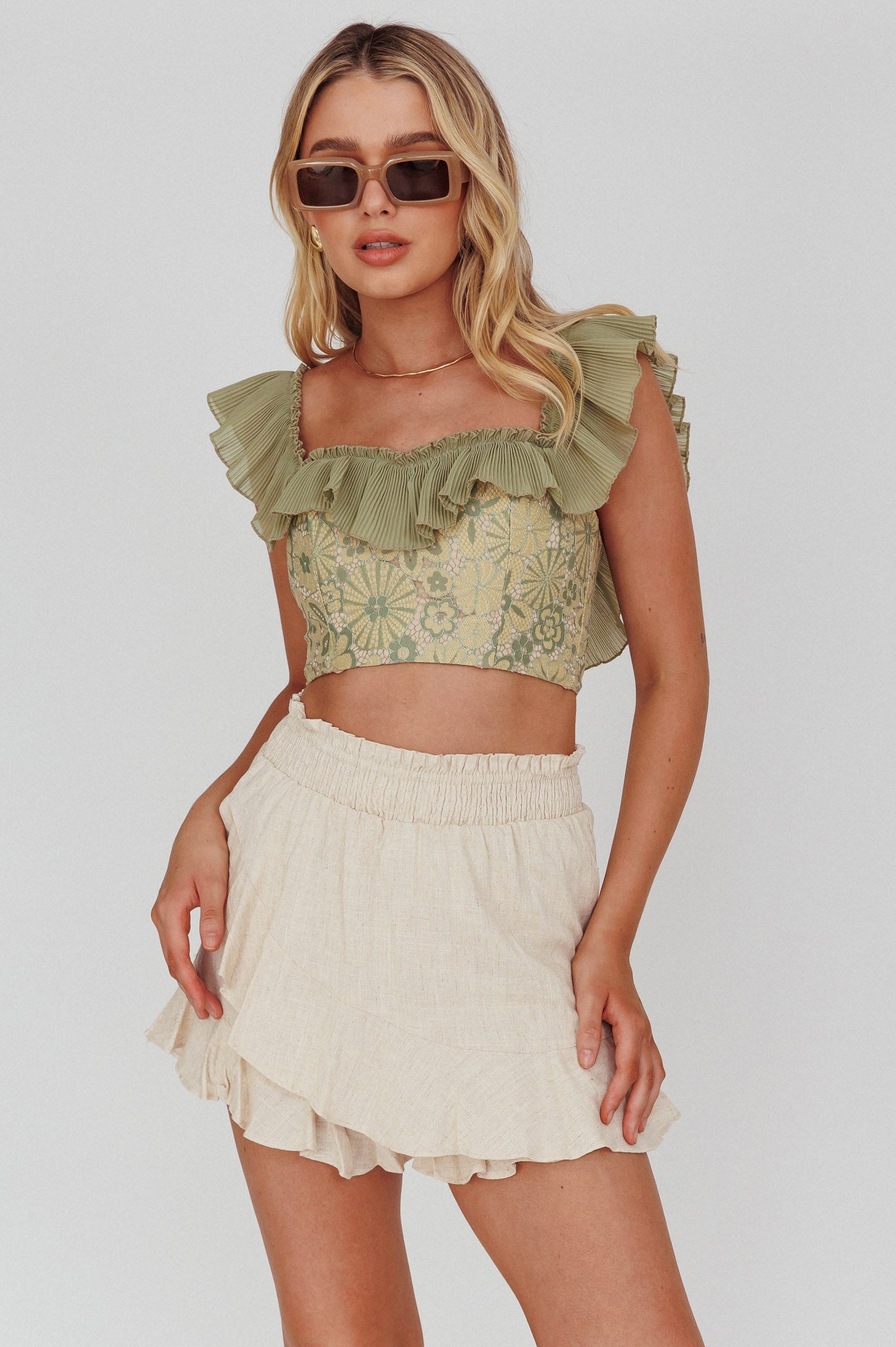 Dreamy On Or Off-Shoulder Frill Crop Top Beige/Olive by Selfie Leslie Australia
