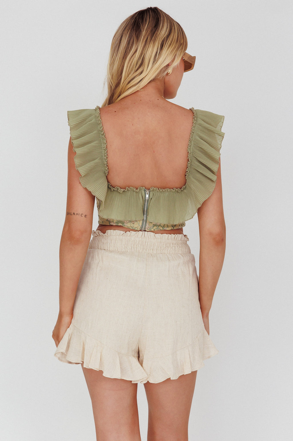 Dreamy On Or Off-Shoulder Frill Crop Top Beige/Olive by Selfie Leslie Australia