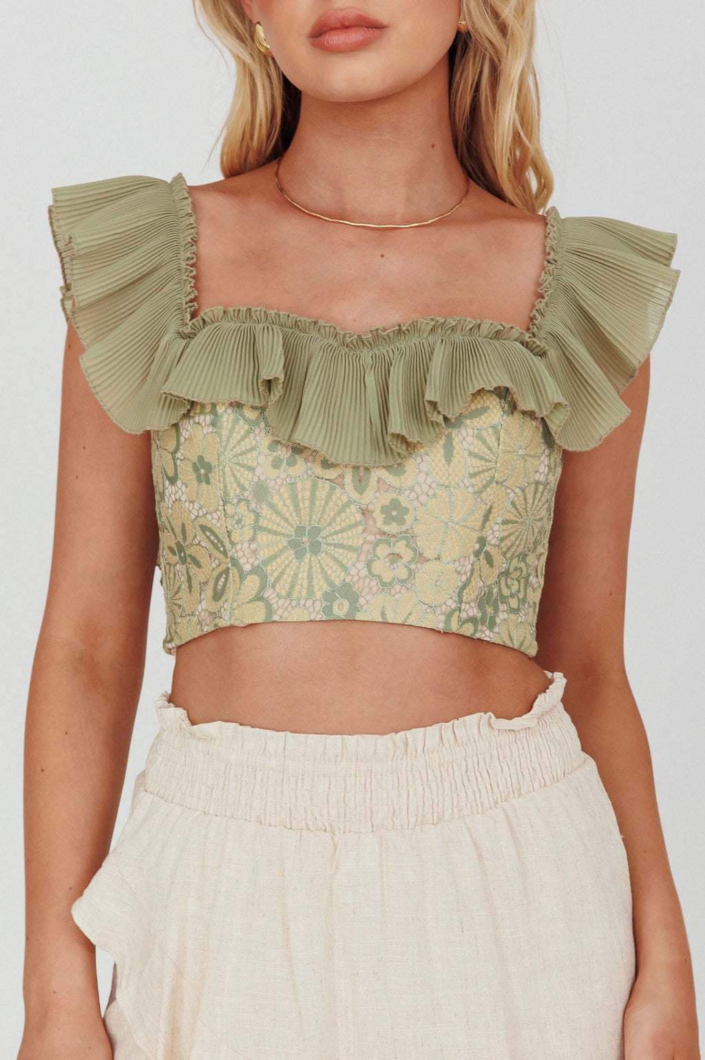 Dreamy On Or Off-Shoulder Frill Crop Top Beige/Olive by Selfie Leslie Australia