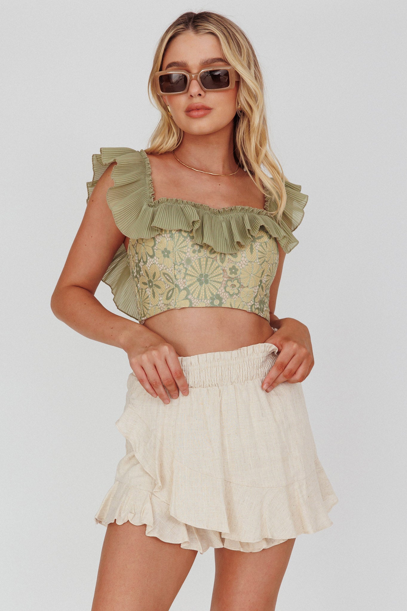 Dreamy On Or Off-Shoulder Frill Crop Top Beige/Olive by Selfie Leslie Australia