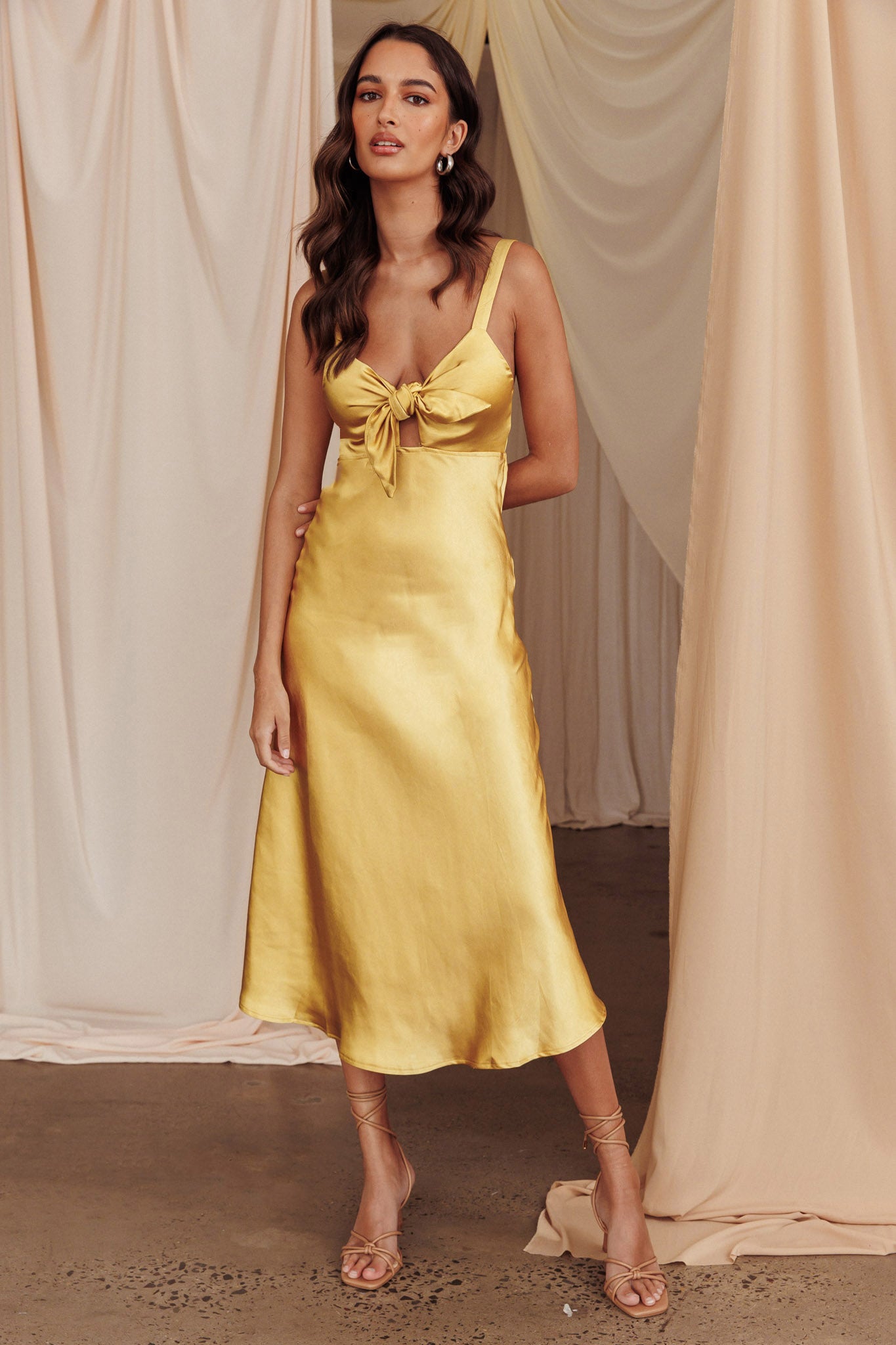 Perfect Day Satin Midi Dress Mustard by Selfie Leslie Australia