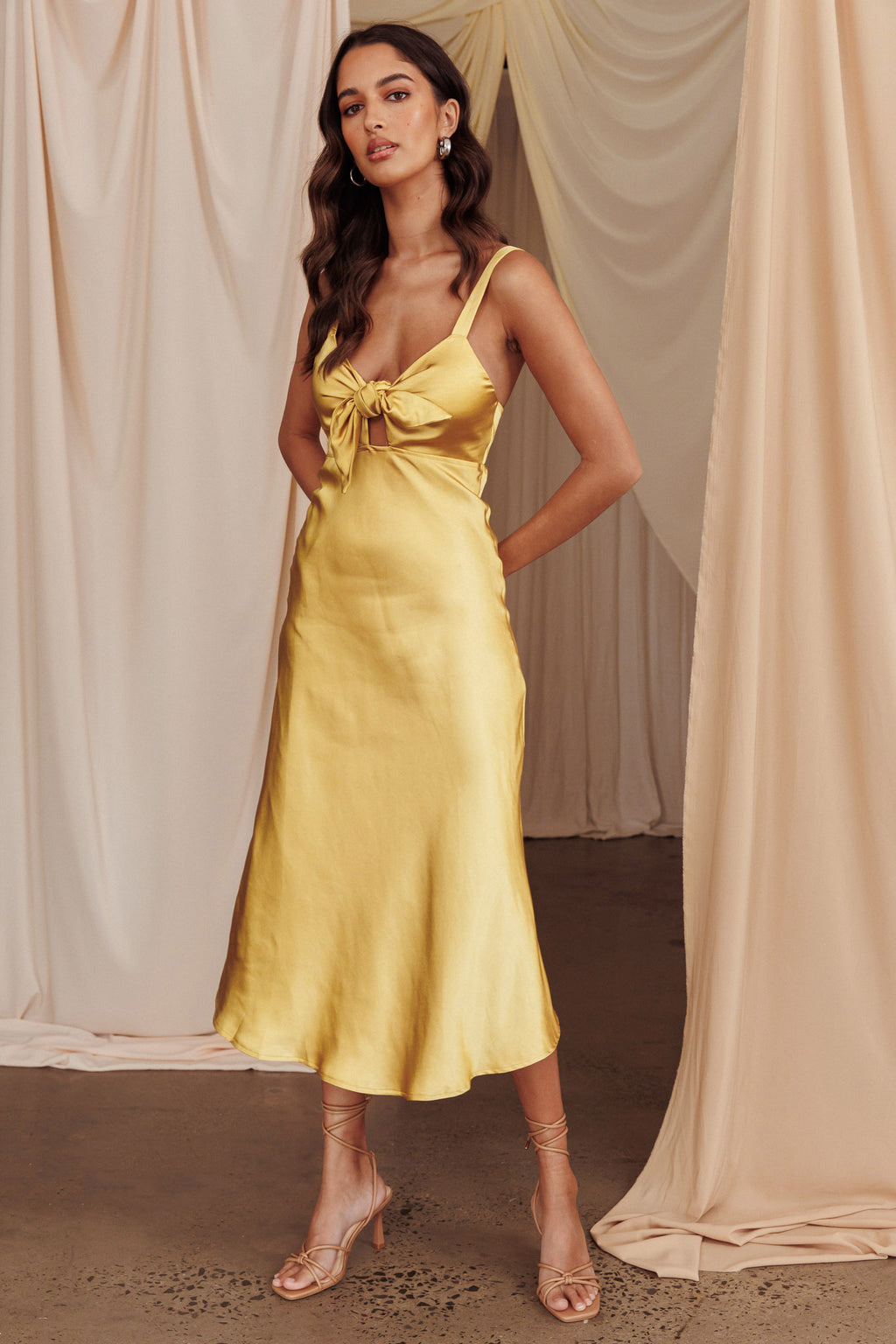 Perfect Day Satin Midi Dress Mustard by Selfie Leslie Australia