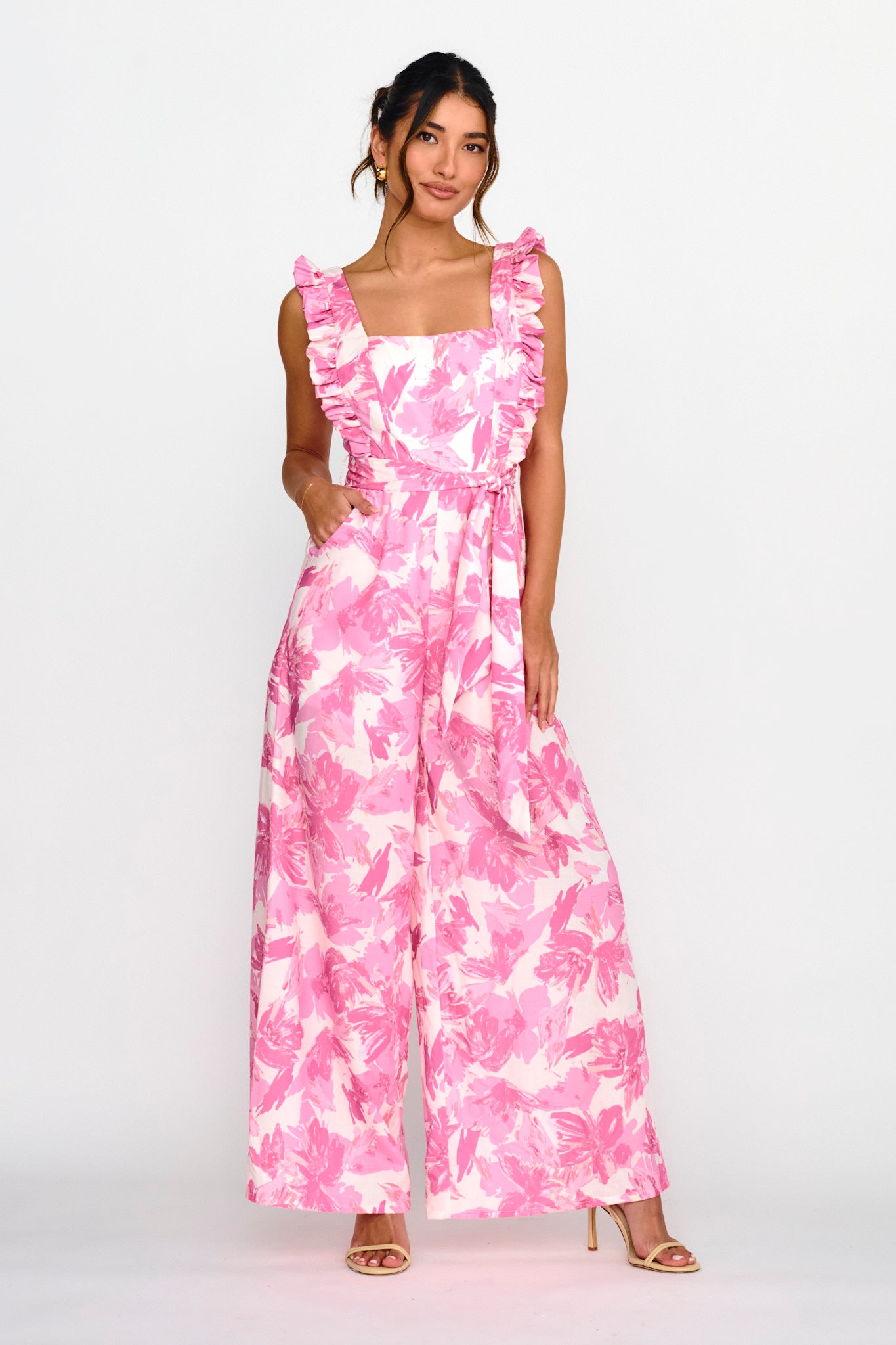All For Love Square Neckline Ruffle Strap Jumpsuit Floral Pink by Selfie Leslie Australia