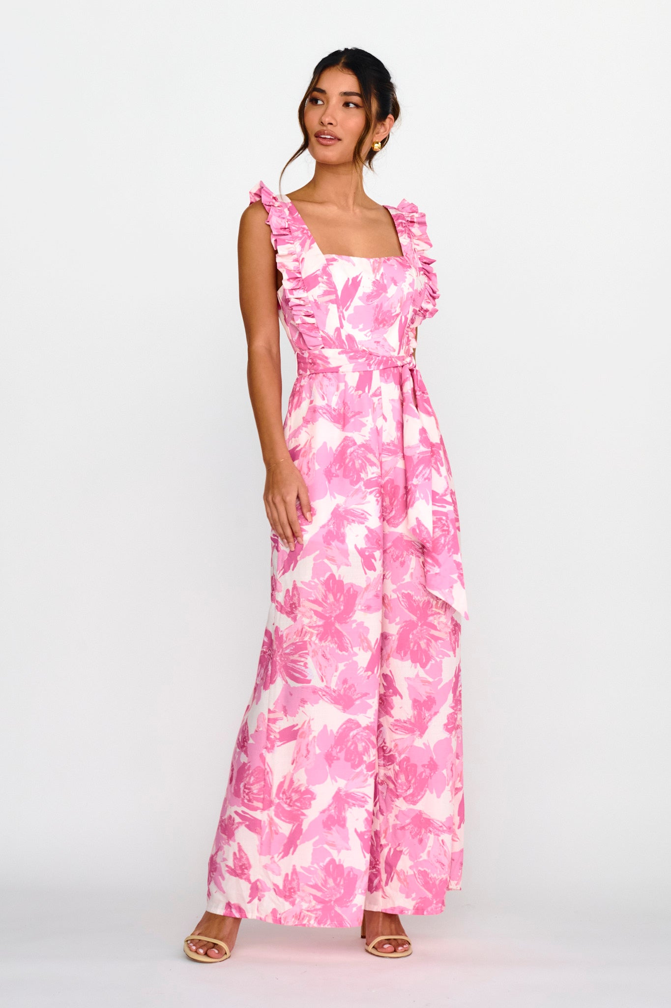 All For Love Square Neckline Ruffle Strap Jumpsuit Floral Pink by Selfie Leslie Australia