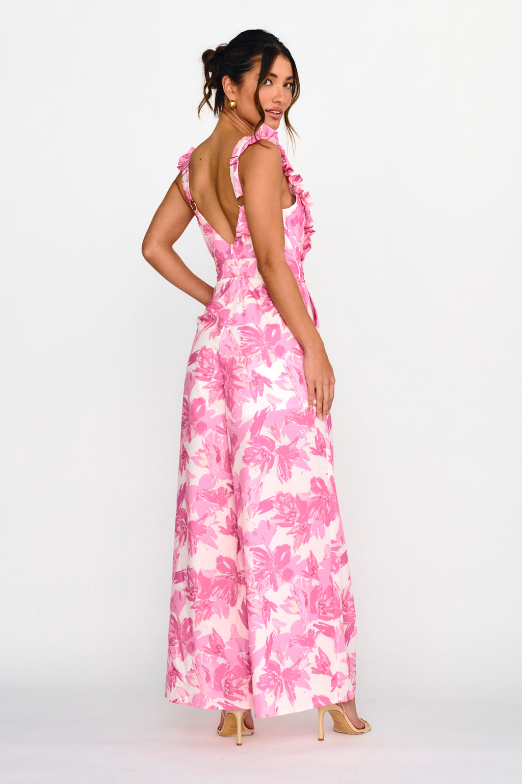 All For Love Square Neckline Ruffle Strap Jumpsuit Floral Pink by Selfie Leslie Australia