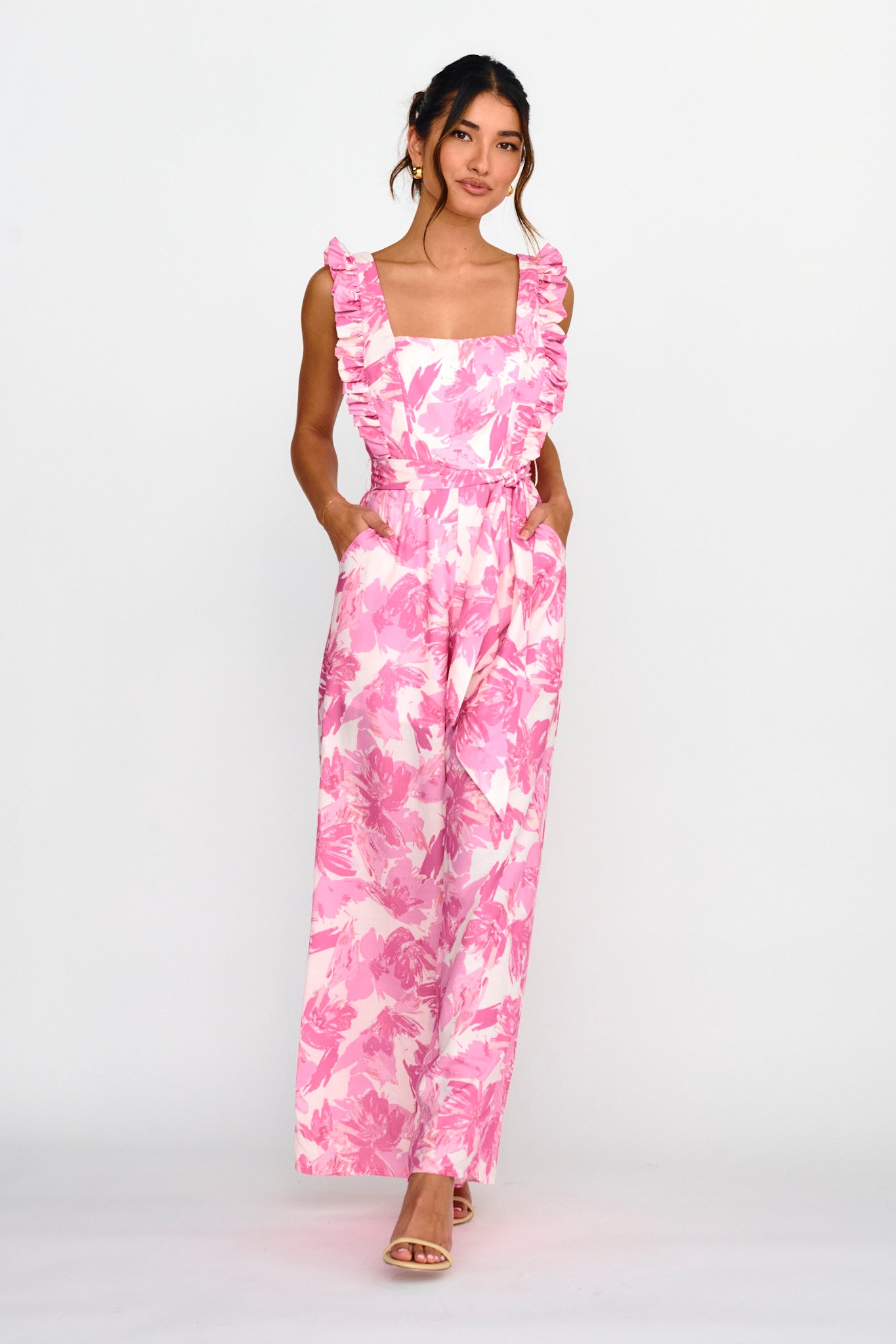All For Love Square Neckline Ruffle Strap Jumpsuit Floral Pink by Selfie Leslie Australia