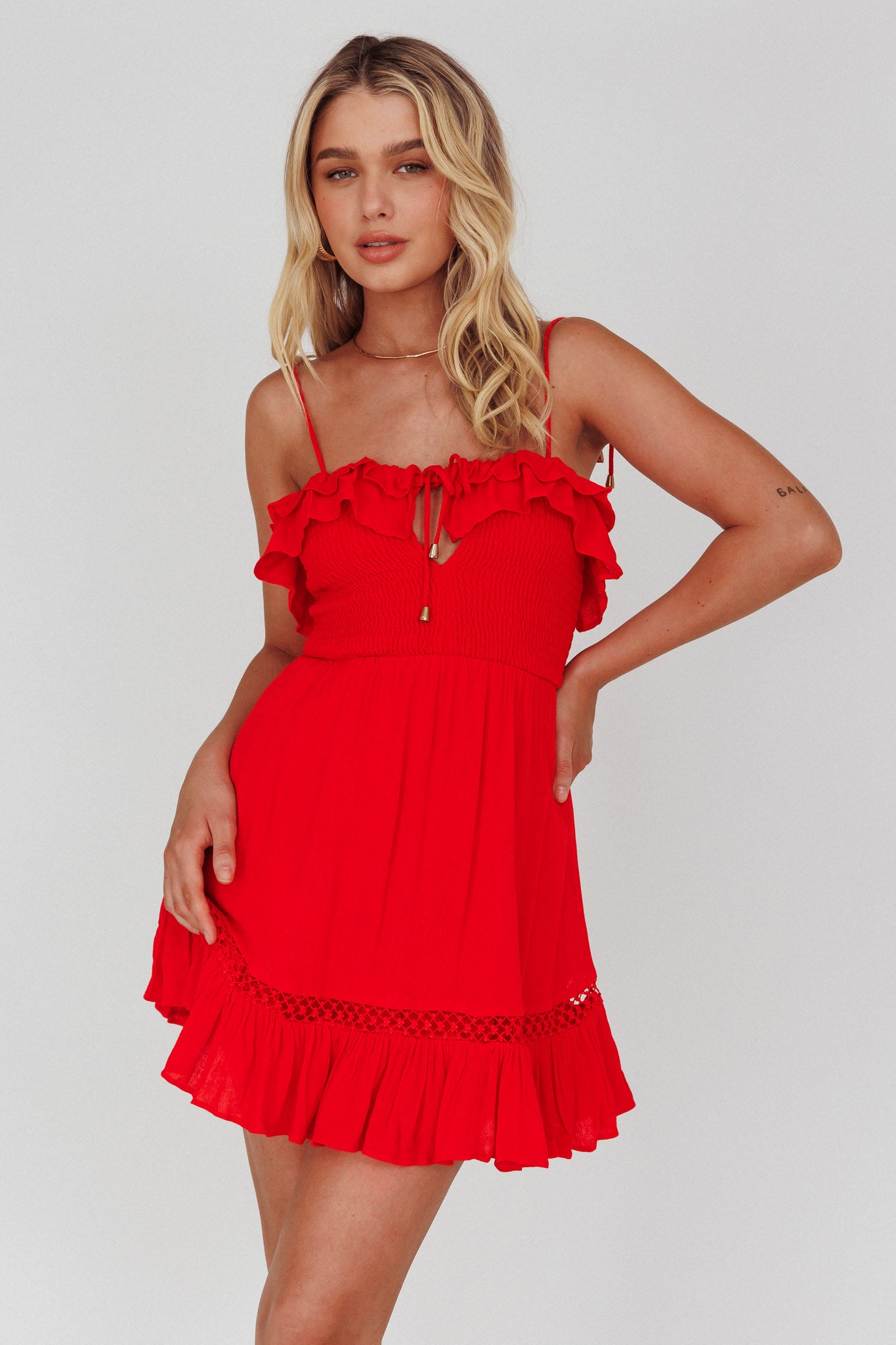 Daydream Shirred Bust Frill Trim Mini Dress Red by Selfie Leslie Australia
