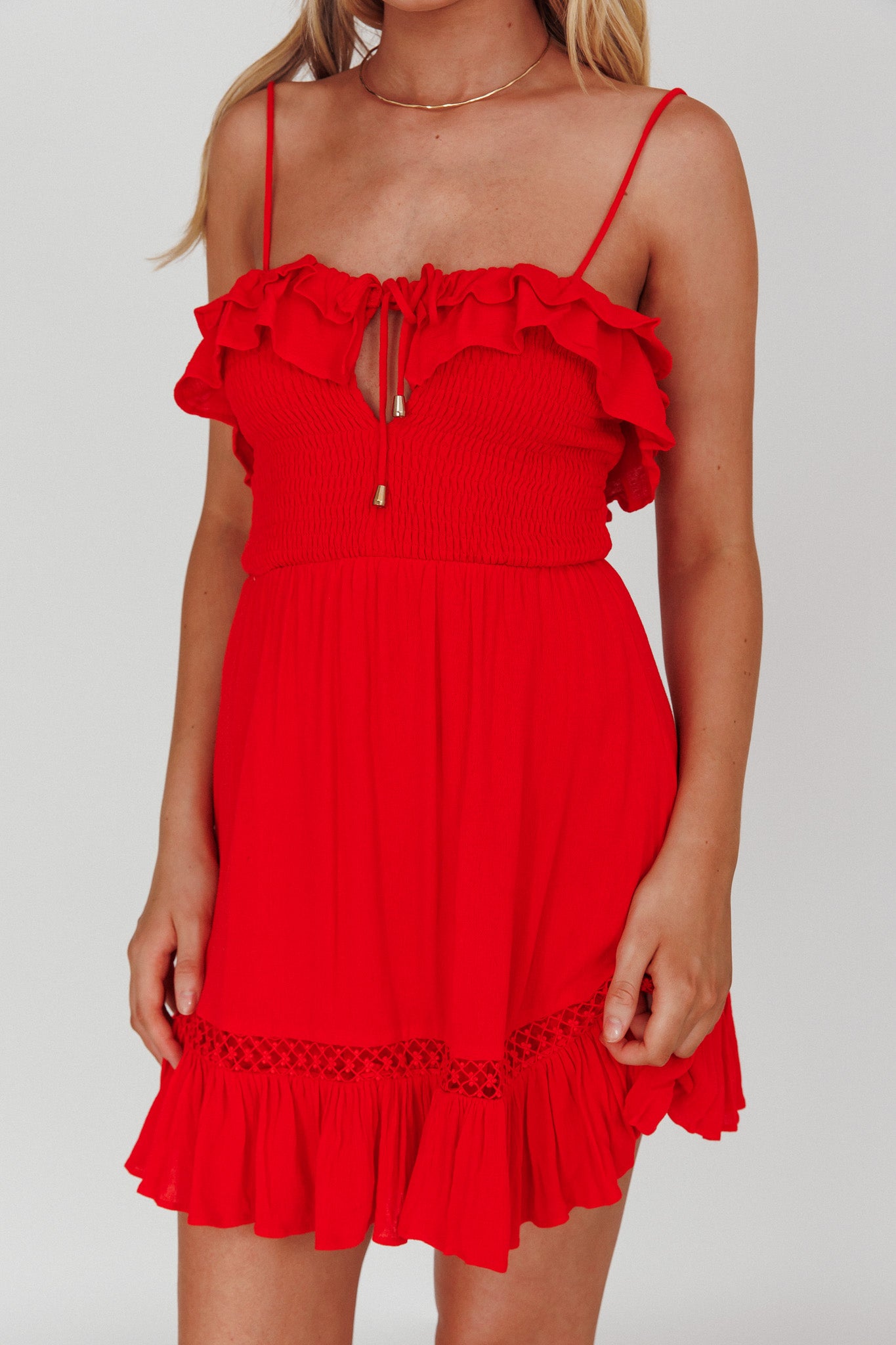 Daydream Shirred Bust Frill Trim Mini Dress Red by Selfie Leslie Australia