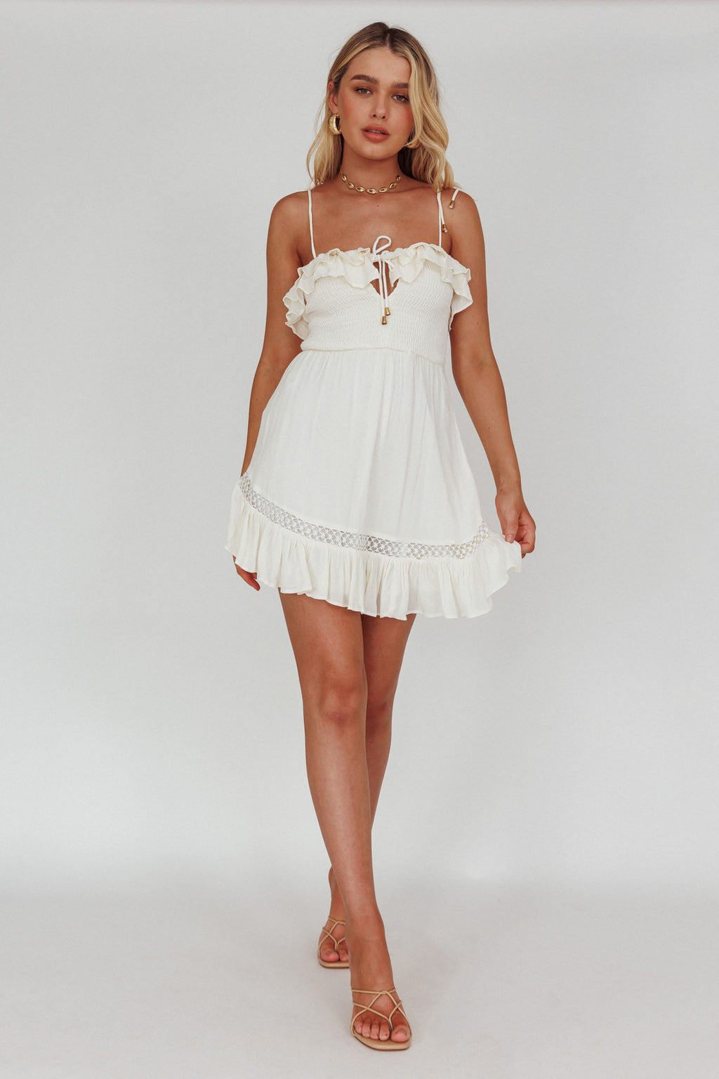 Daydream Shirred Bust Frill Trim Mini Dress White by Selfie Leslie Australia