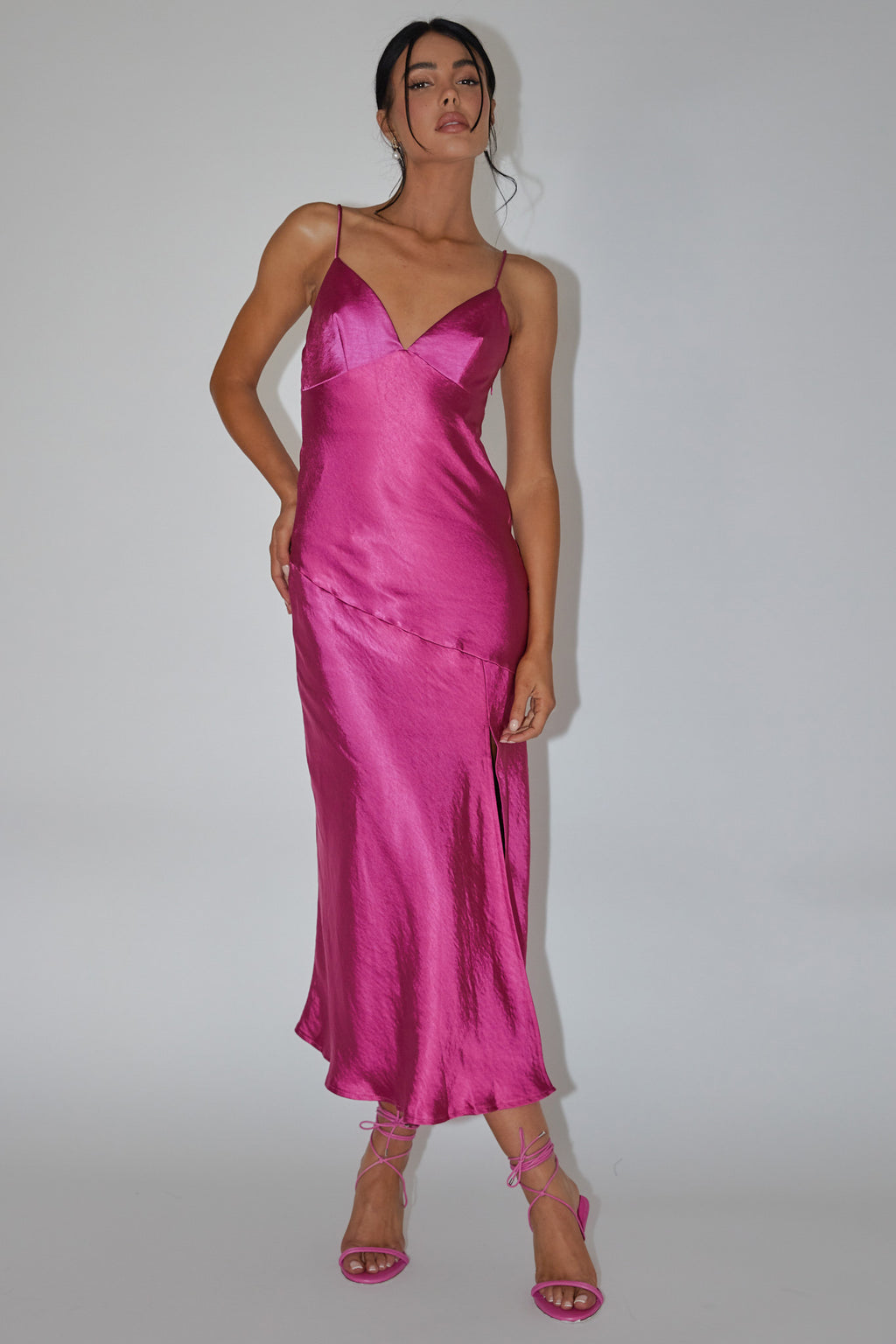 Downtown Cami Strap Front Split Midi Dress Fuchsia by Selfie Leslie Australia