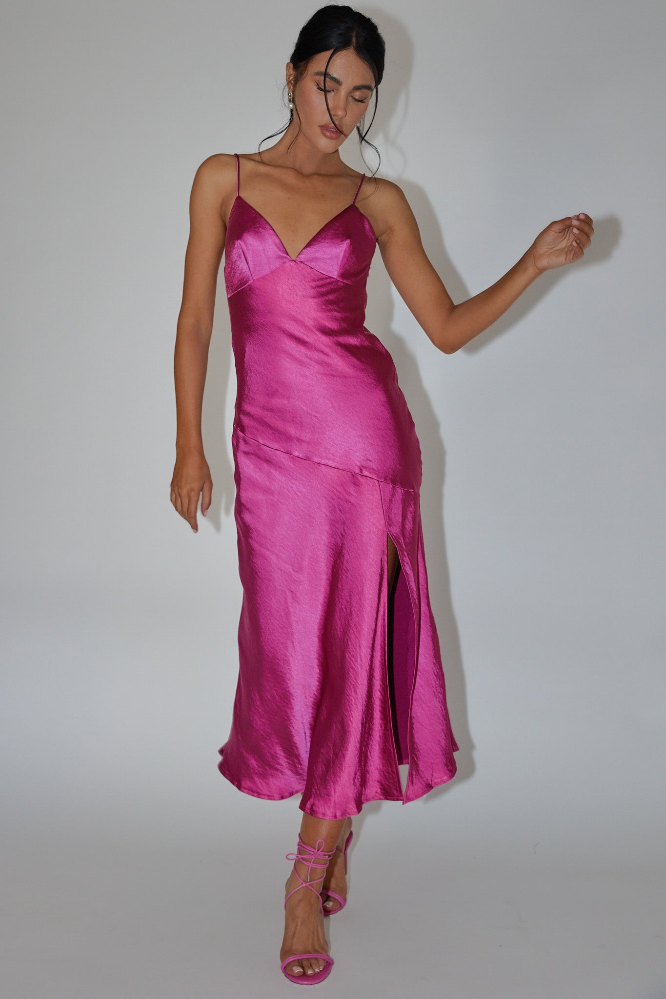 Downtown Cami Strap Front Split Midi Dress Fuchsia by Selfie Leslie Australia