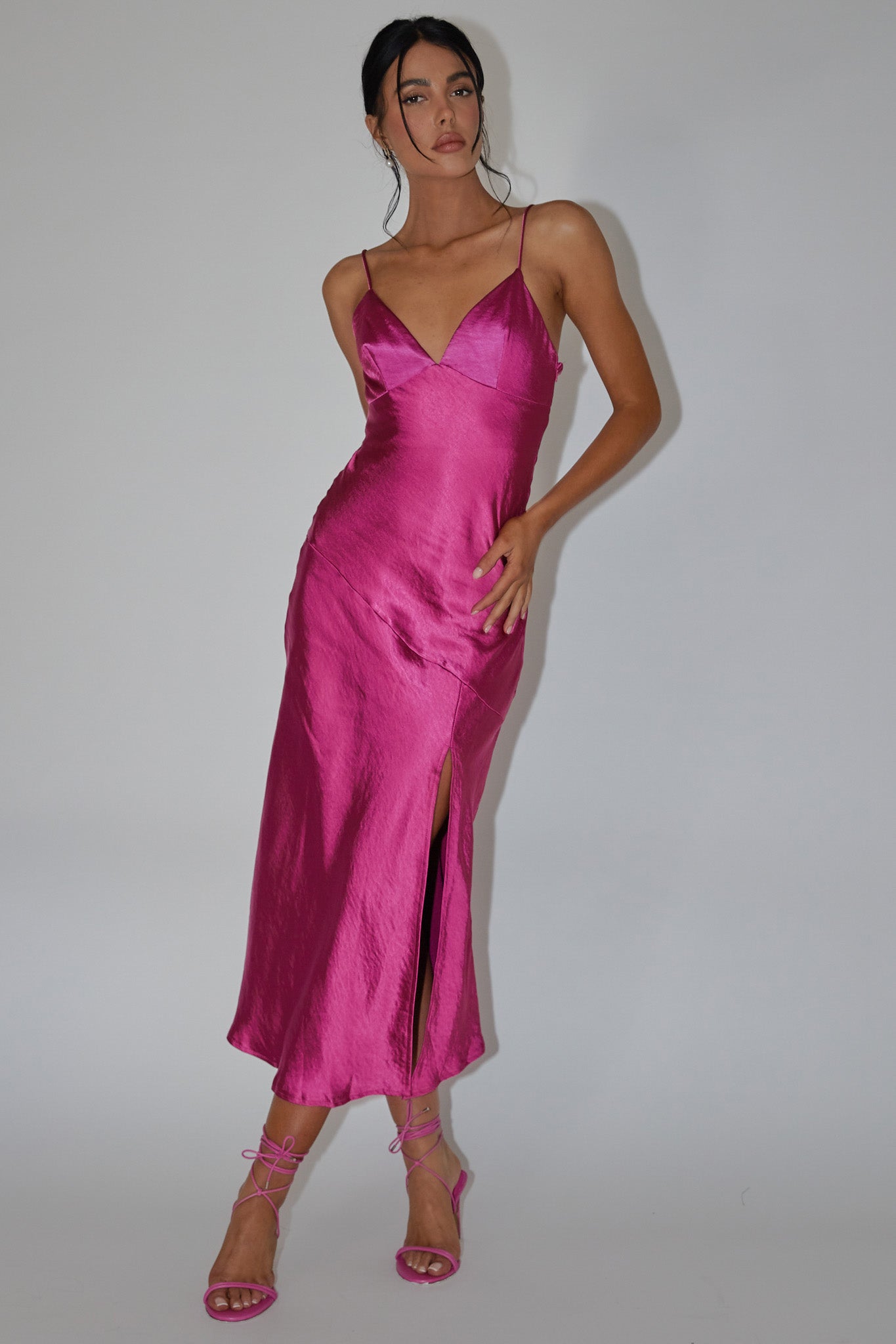 Downtown Cami Strap Front Split Midi Dress Fuchsia by Selfie Leslie Australia