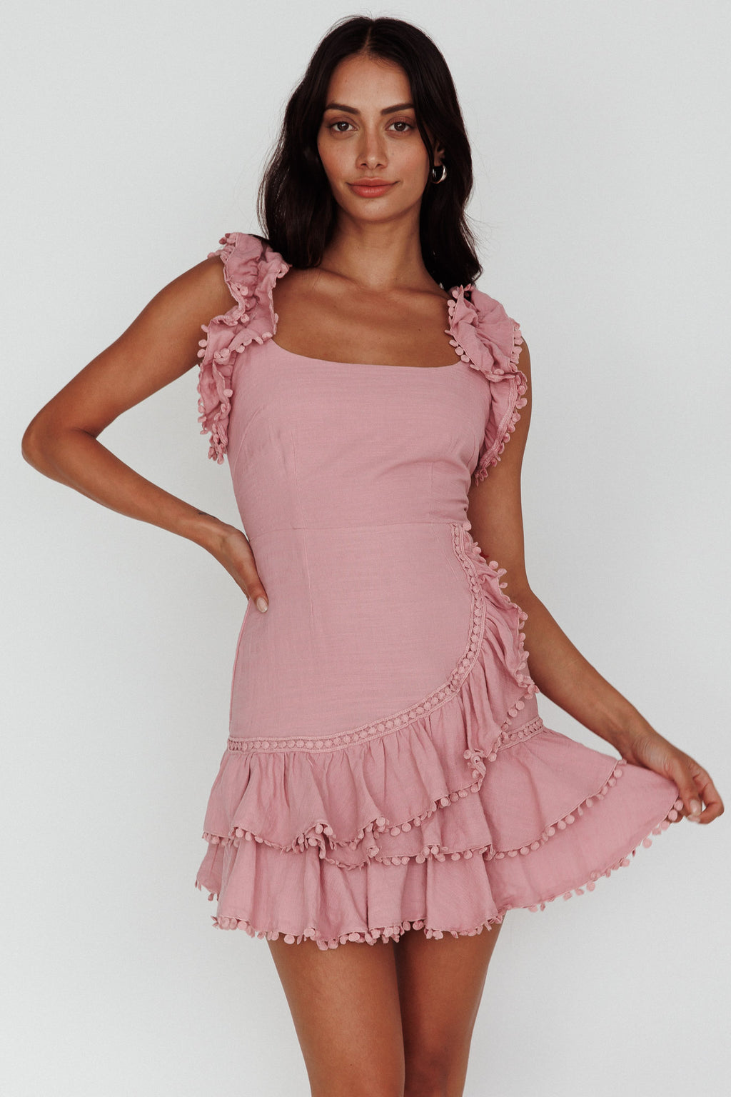 Annie Ruffle Shoulder Strap Dress Dusty Pink by Selfie Leslie Australia