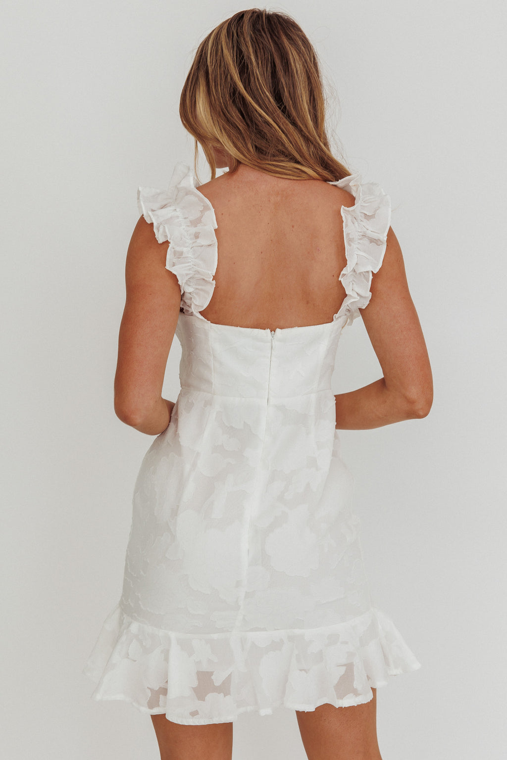 Annie Ruffle Shoulder Mini Dress White by Selfie Leslie Australia