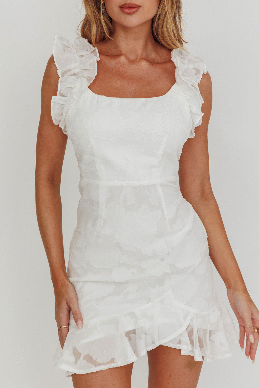 Annie Ruffle Shoulder Mini Dress White by Selfie Leslie Australia