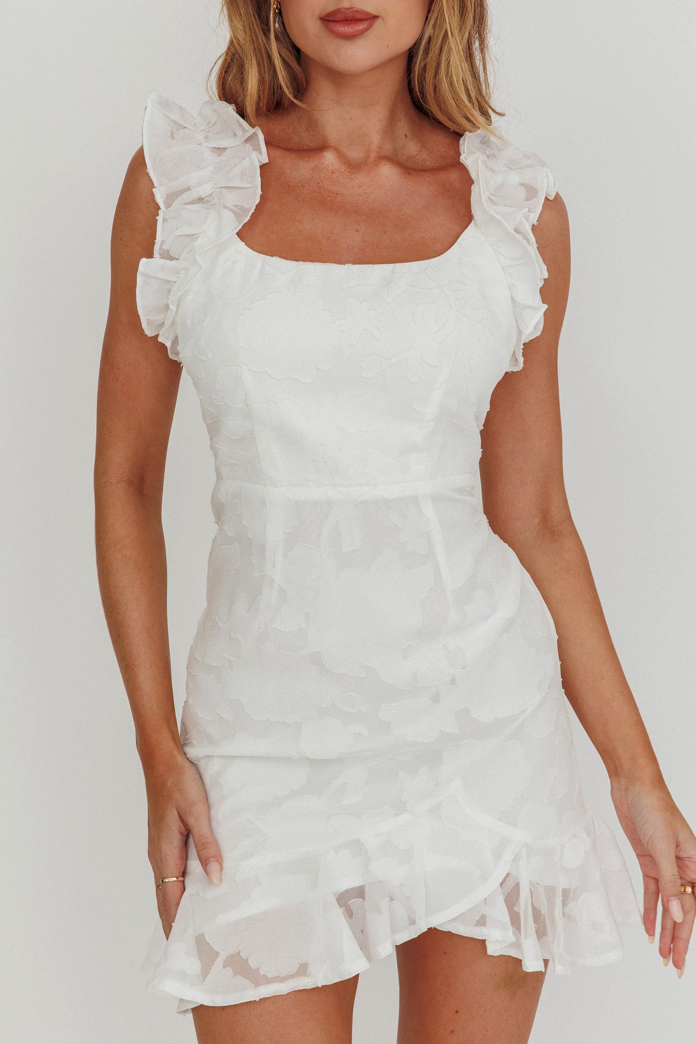 Annie Ruffle Shoulder Mini Dress White by Selfie Leslie Australia