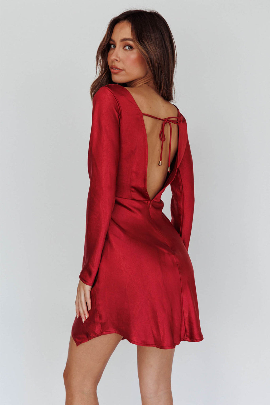 Thank Me Later Long Sleeve Open Back Dress Wine by Selfie Leslie Australia