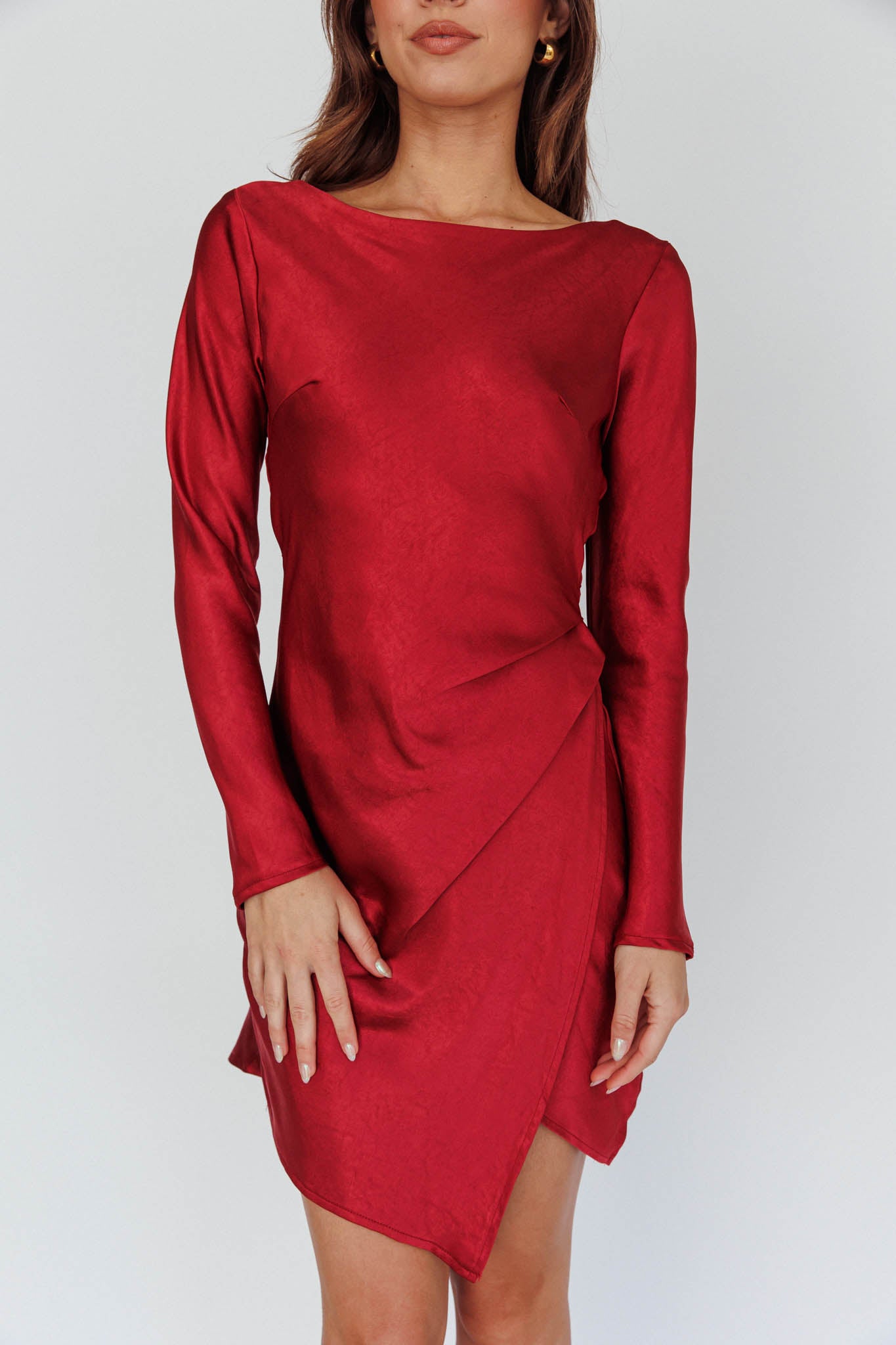 Thank Me Later Long Sleeve Open Back Dress Wine by Selfie Leslie Australia