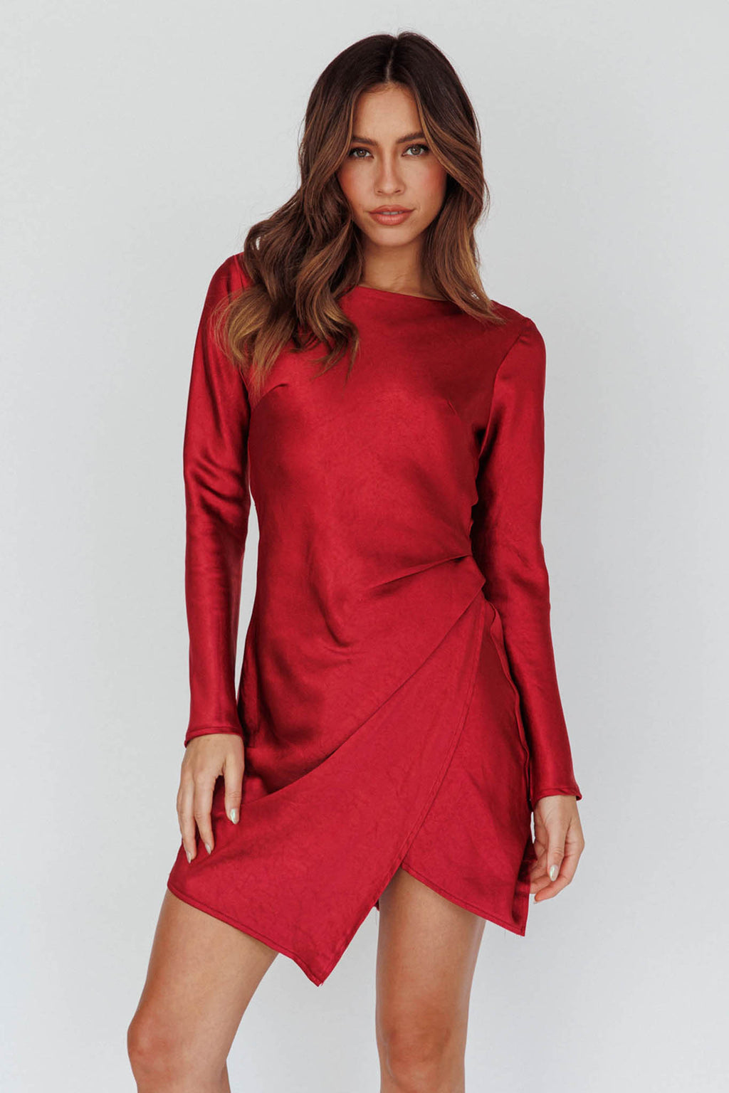 Thank Me Later Long Sleeve Open Back Dress Wine by Selfie Leslie Australia