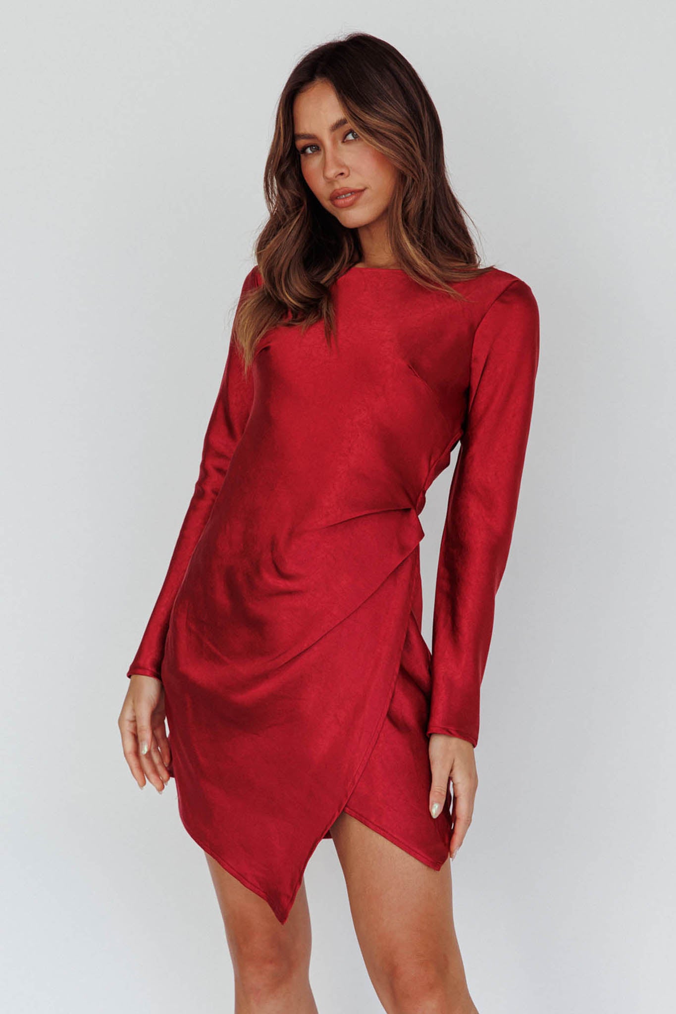 Thank Me Later Long Sleeve Open Back Dress Wine by Selfie Leslie Australia