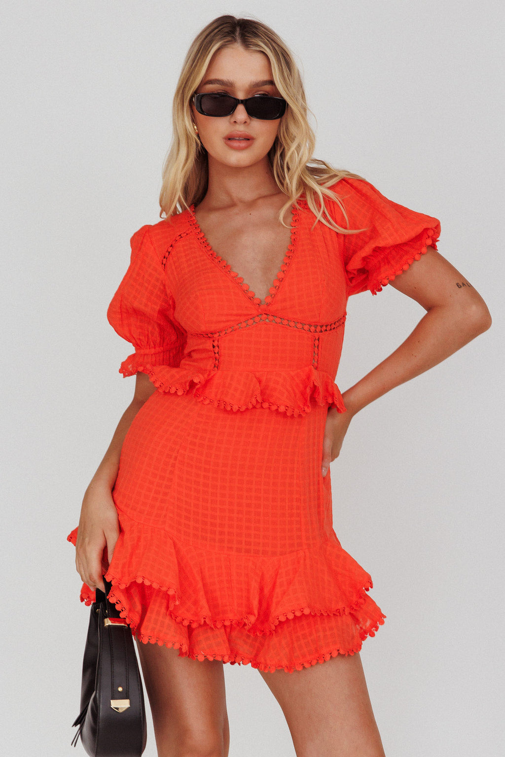 Preston Puff Sleeve Crochet Trim Dress Coral by Selfie Leslie Australia
