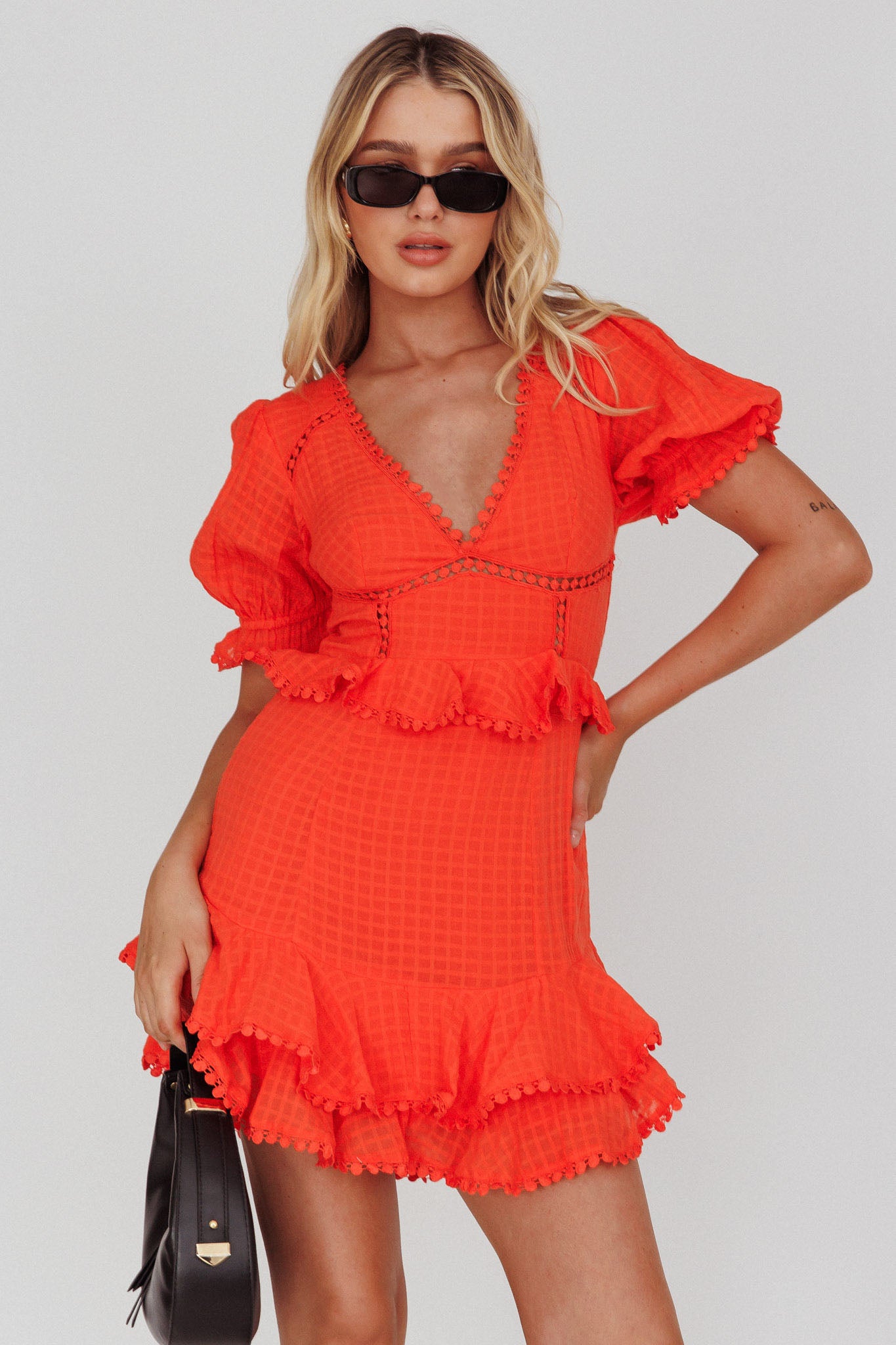 Preston Puff Sleeve Crochet Trim Dress Coral by Selfie Leslie Australia