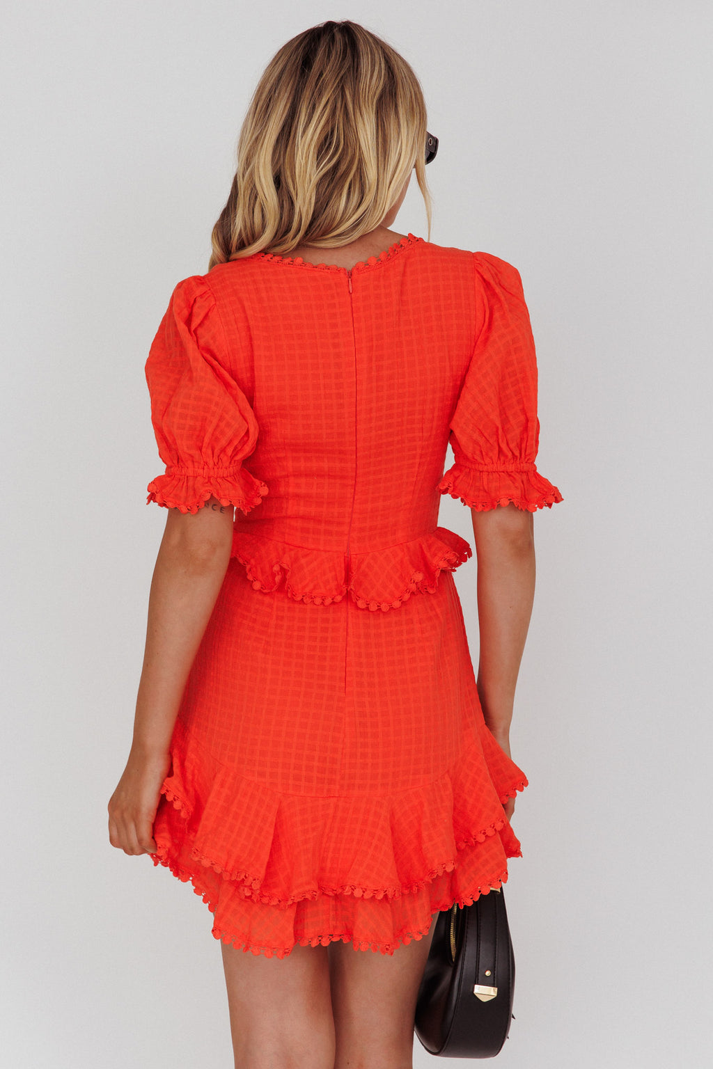 Preston Puff Sleeve Crochet Trim Dress Coral by Selfie Leslie Australia