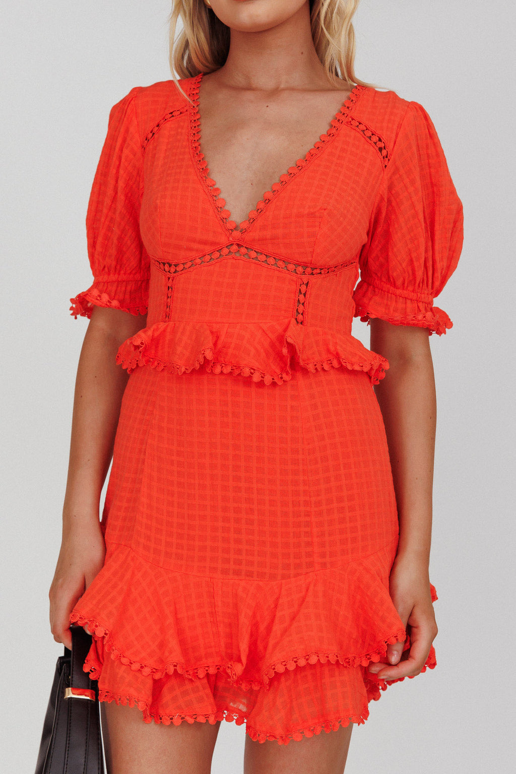 Preston Puff Sleeve Crochet Trim Dress Coral by Selfie Leslie Australia