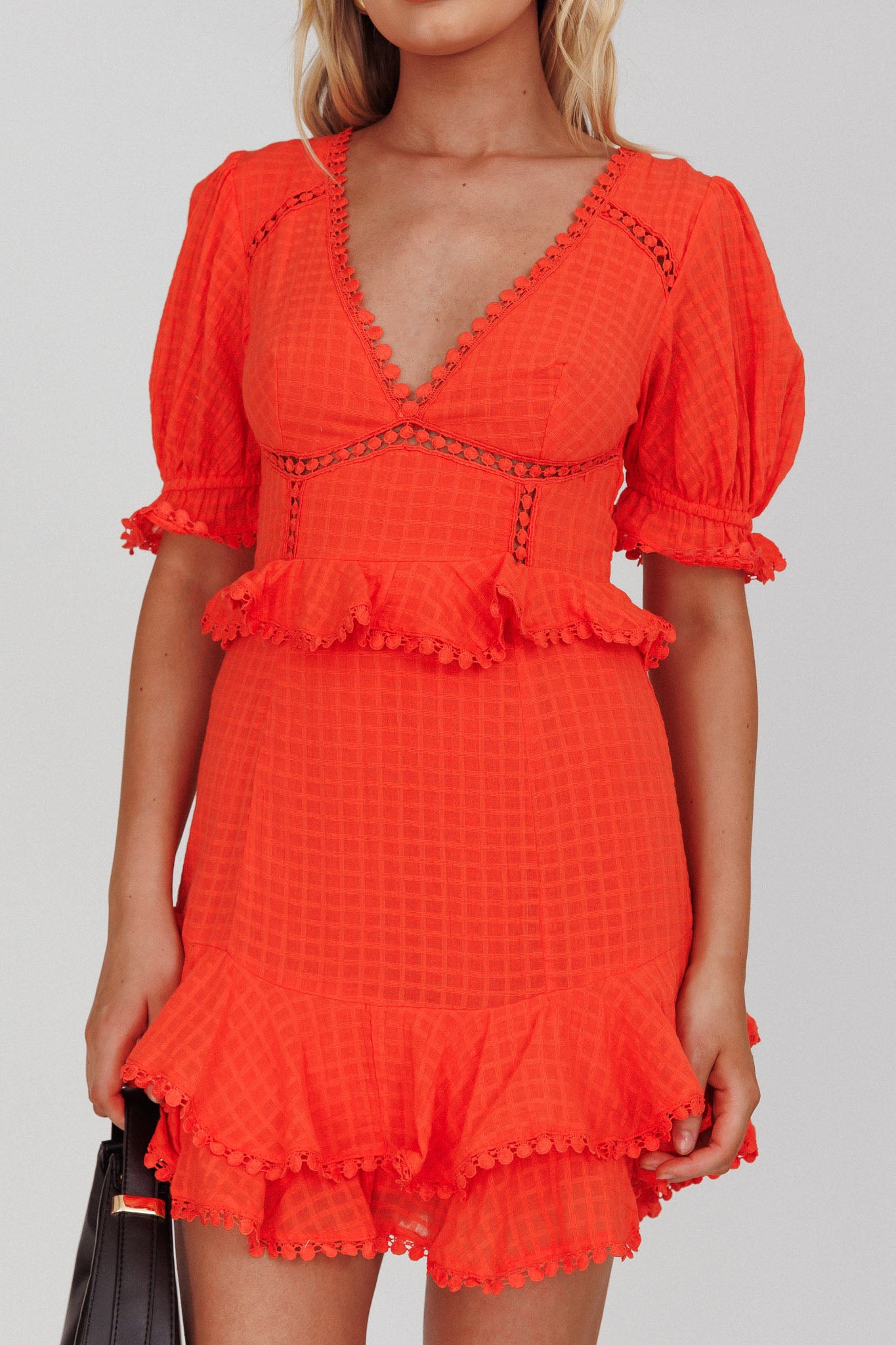 Preston Puff Sleeve Crochet Trim Dress Coral by Selfie Leslie Australia