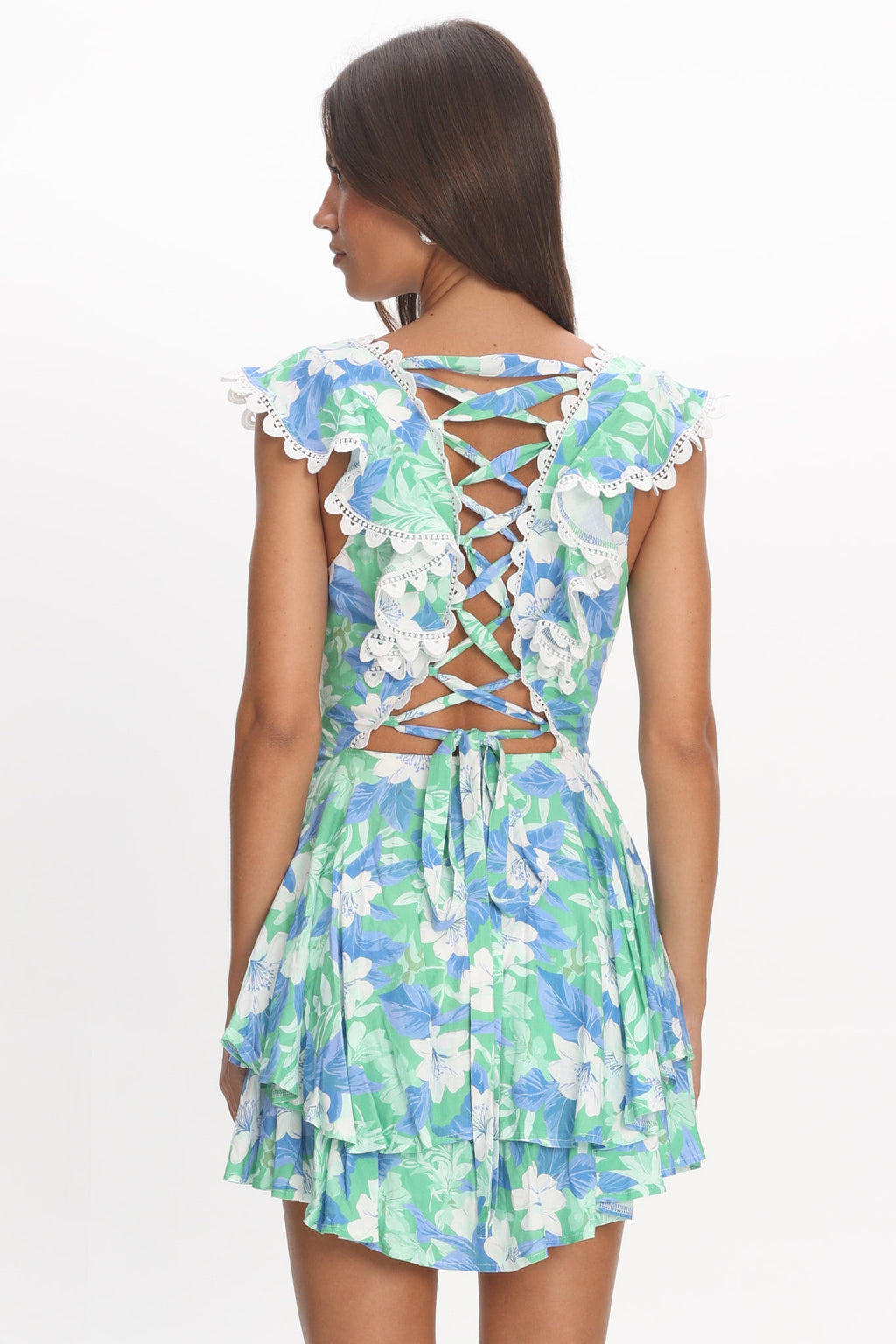 Charade Ruffle Shoulder Corset Back Dress Floral Green by Selfie Leslie Australia