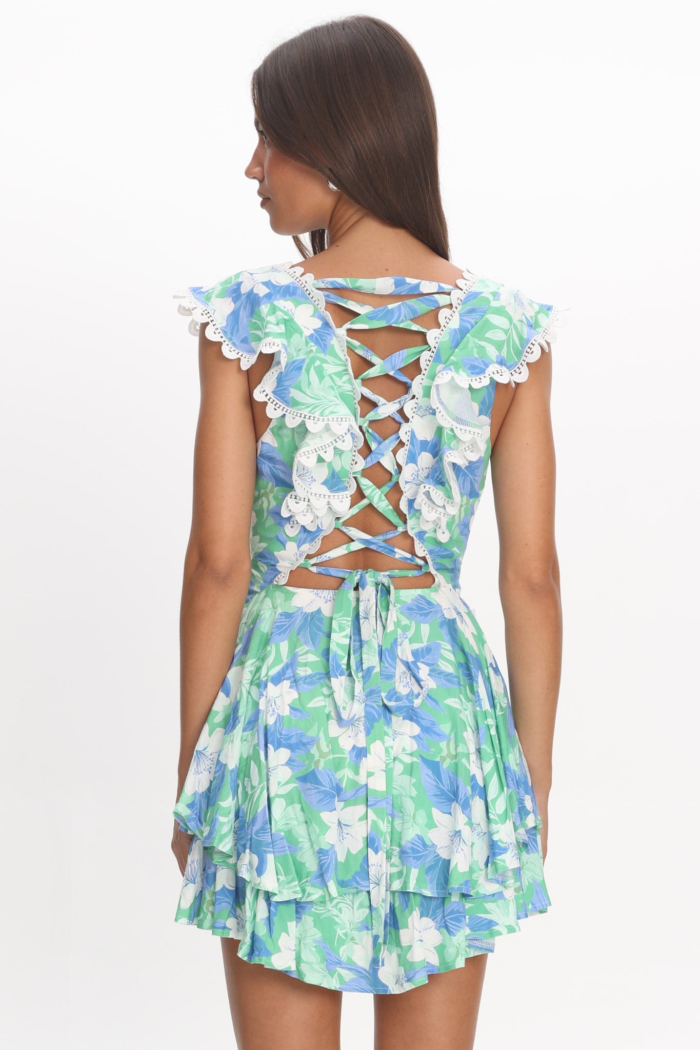 Charade Ruffle Shoulder Corset Back Dress Floral Green by Selfie Leslie Australia