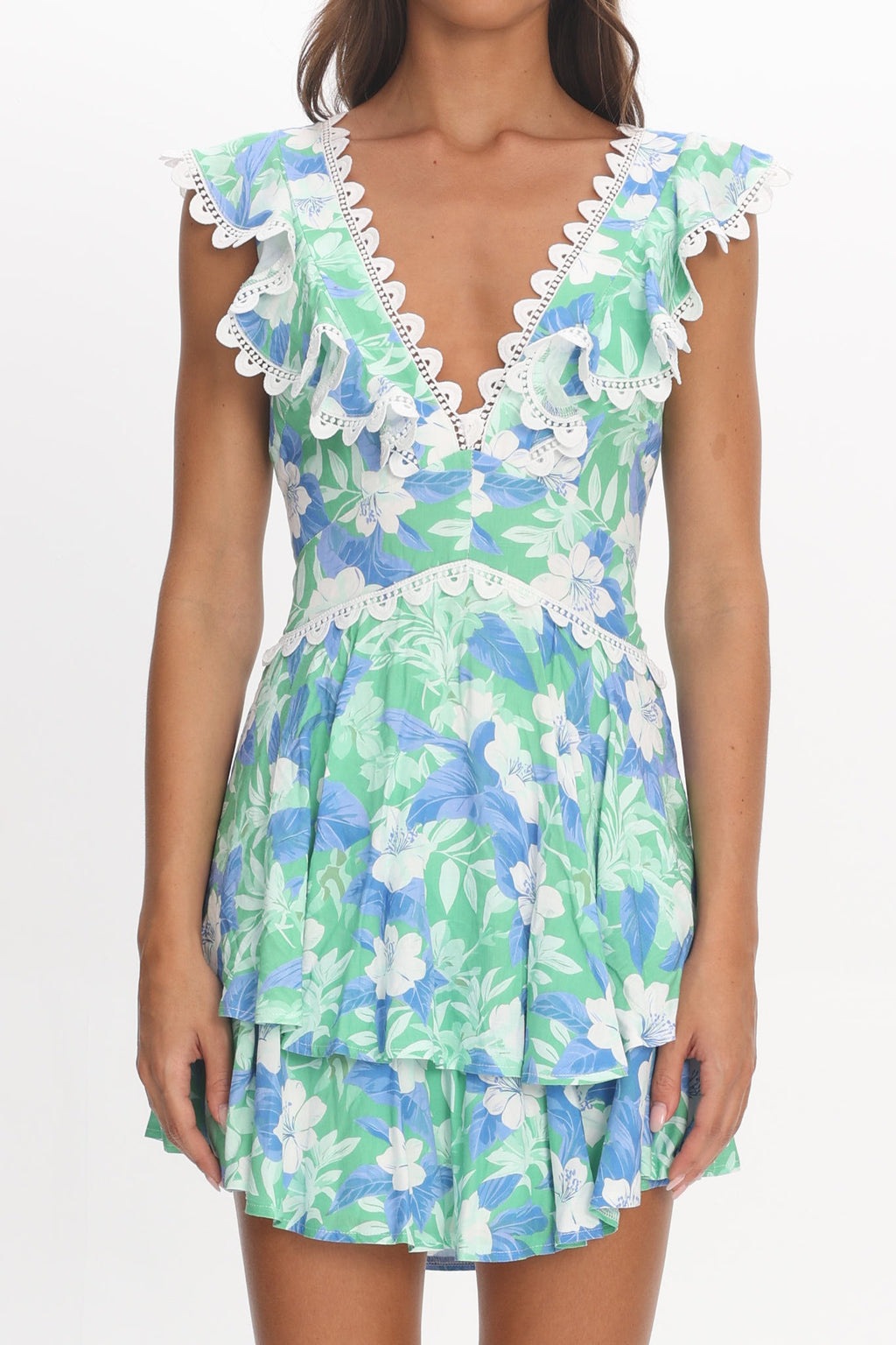 Charade Ruffle Shoulder Corset Back Dress Floral Green by Selfie Leslie Australia