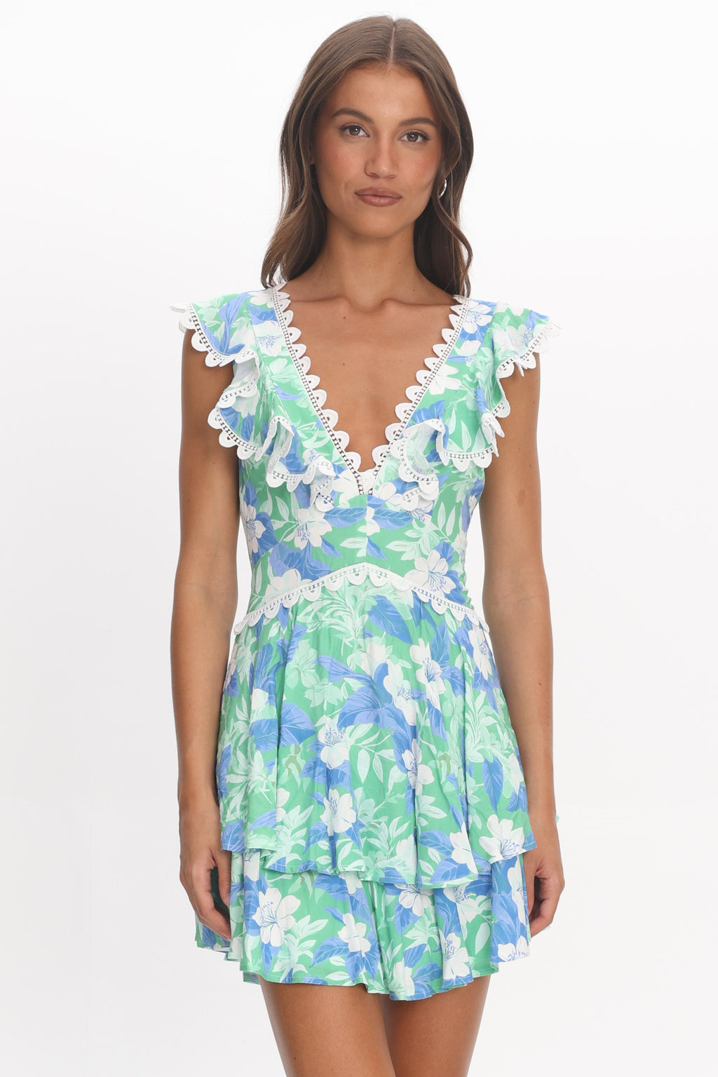 Charade Ruffle Shoulder Corset Back Dress Floral Green by Selfie Leslie Australia