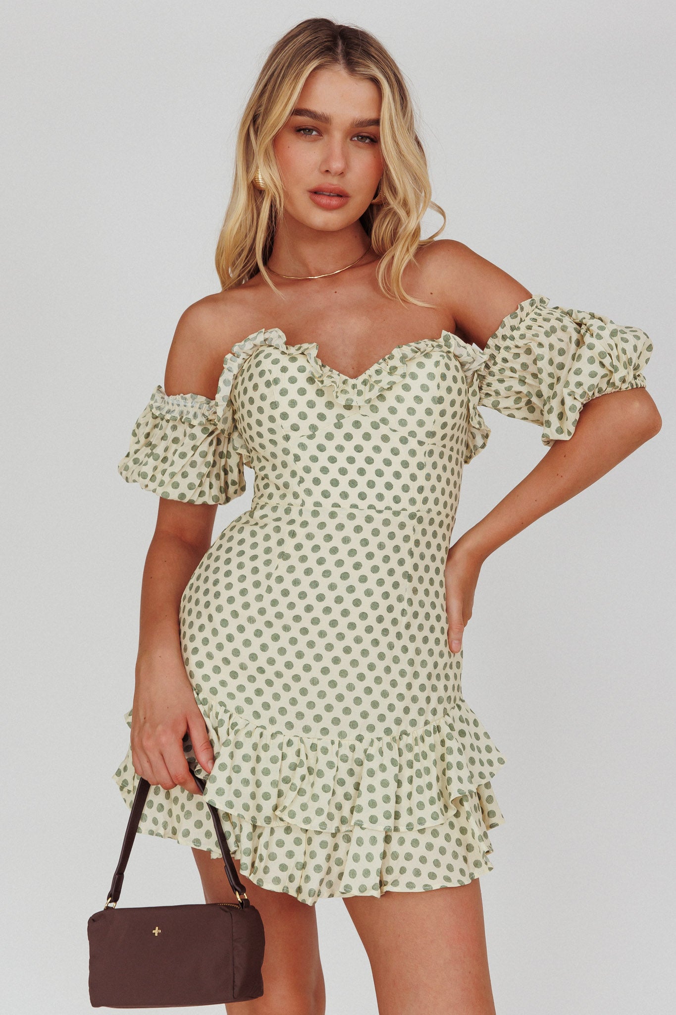 Homecoming Queen Sweetheart Neckline Puff Sleeve Dress Polka Dot Green by Selfie Leslie Australia