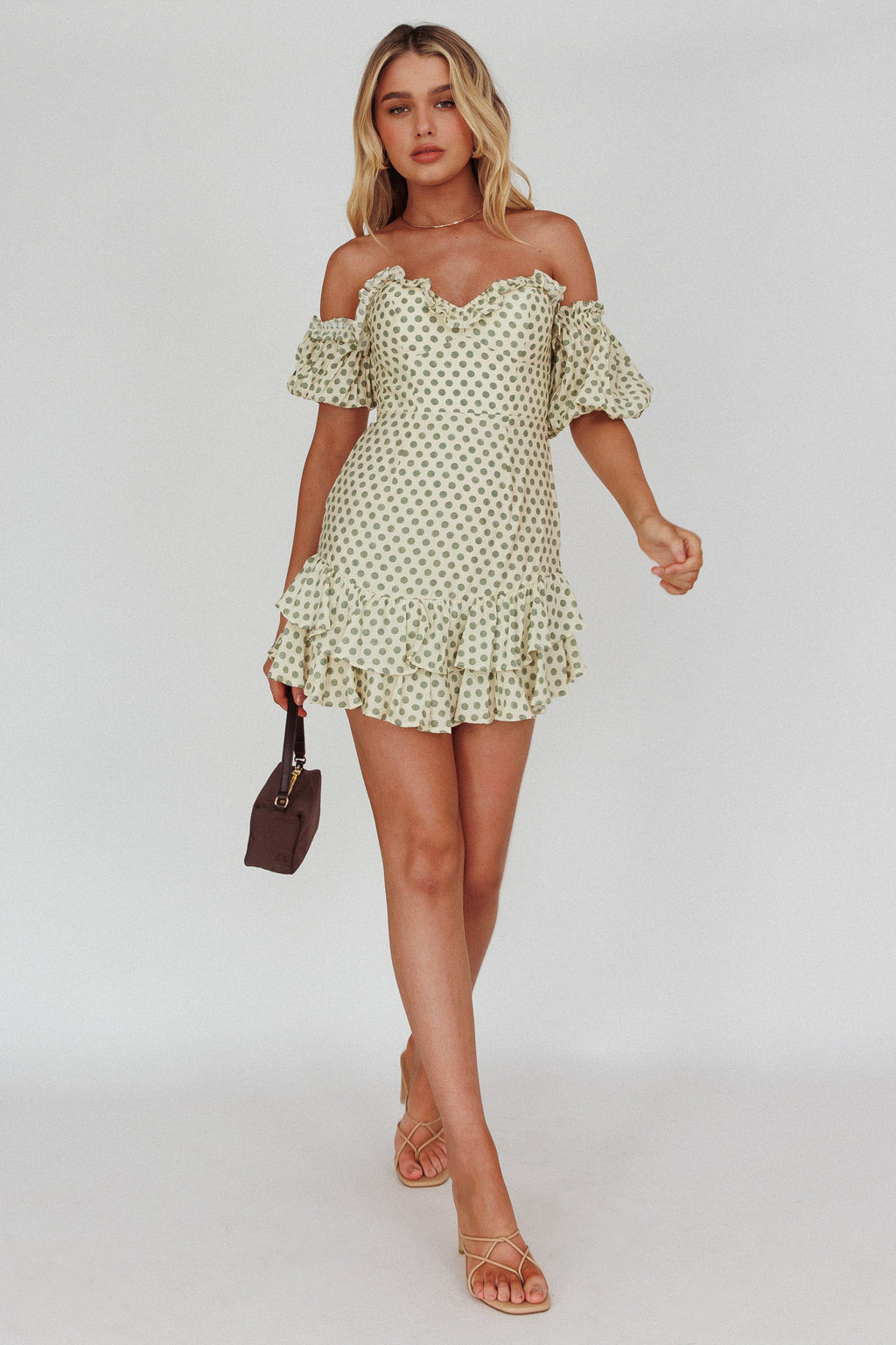 Homecoming Queen Sweetheart Neckline Puff Sleeve Dress Polka Dot Green by Selfie Leslie Australia
