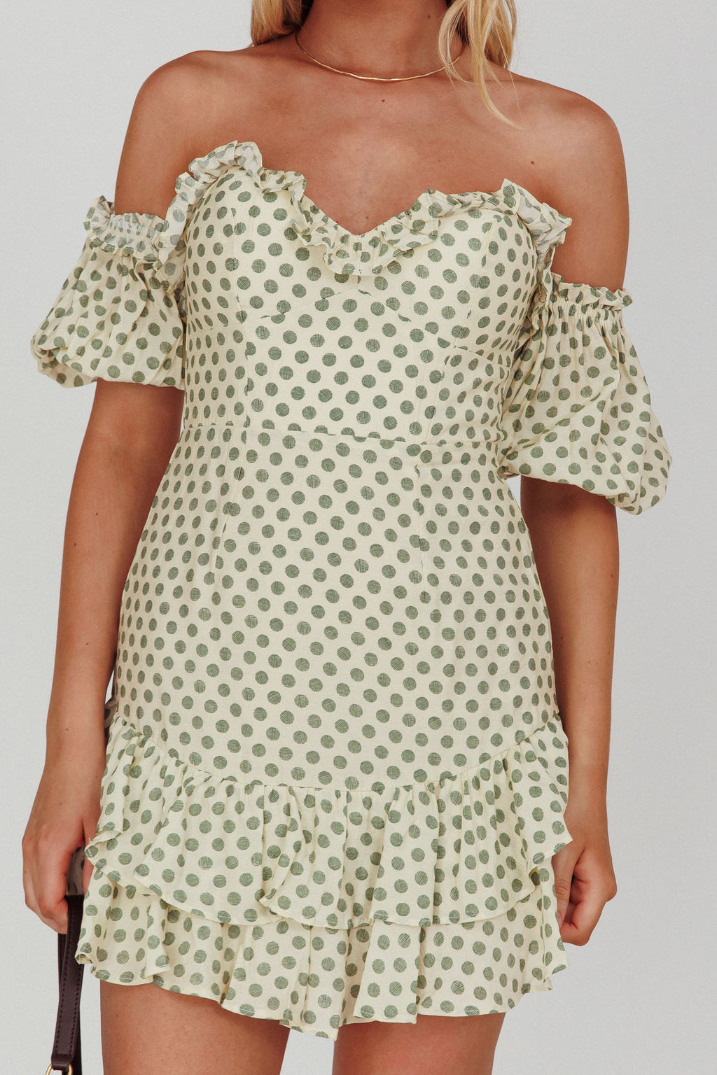 Homecoming Queen Sweetheart Neckline Puff Sleeve Dress Polka Dot Green by Selfie Leslie Australia