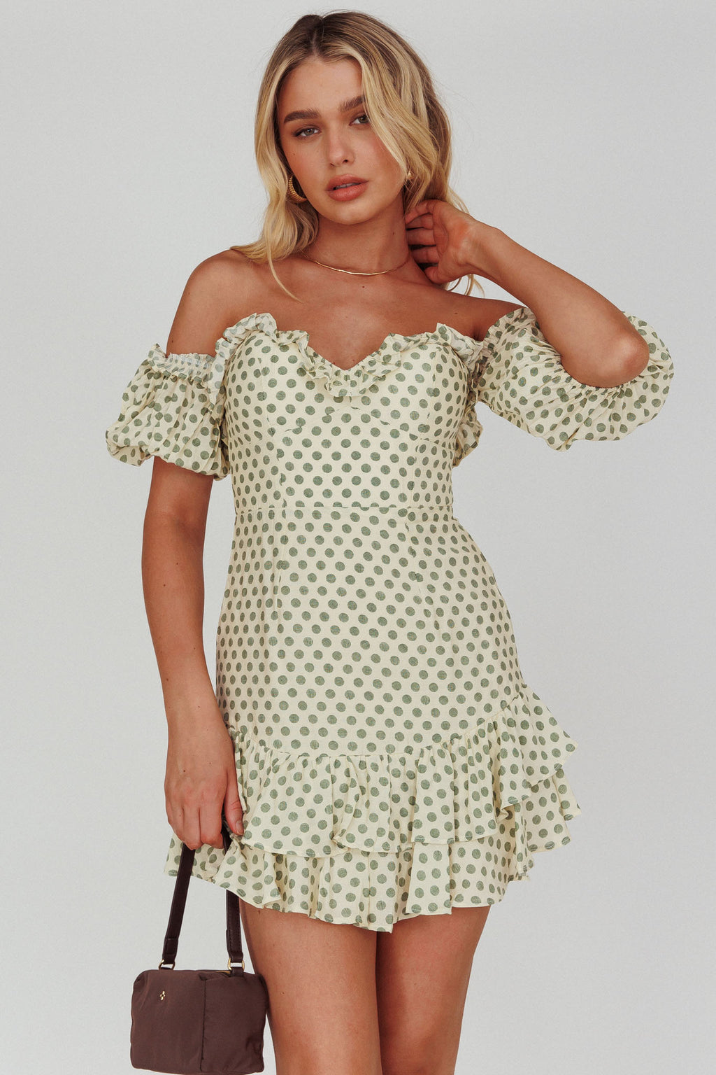 Homecoming Queen Sweetheart Neckline Puff Sleeve Dress Polka Dot Green by Selfie Leslie Australia