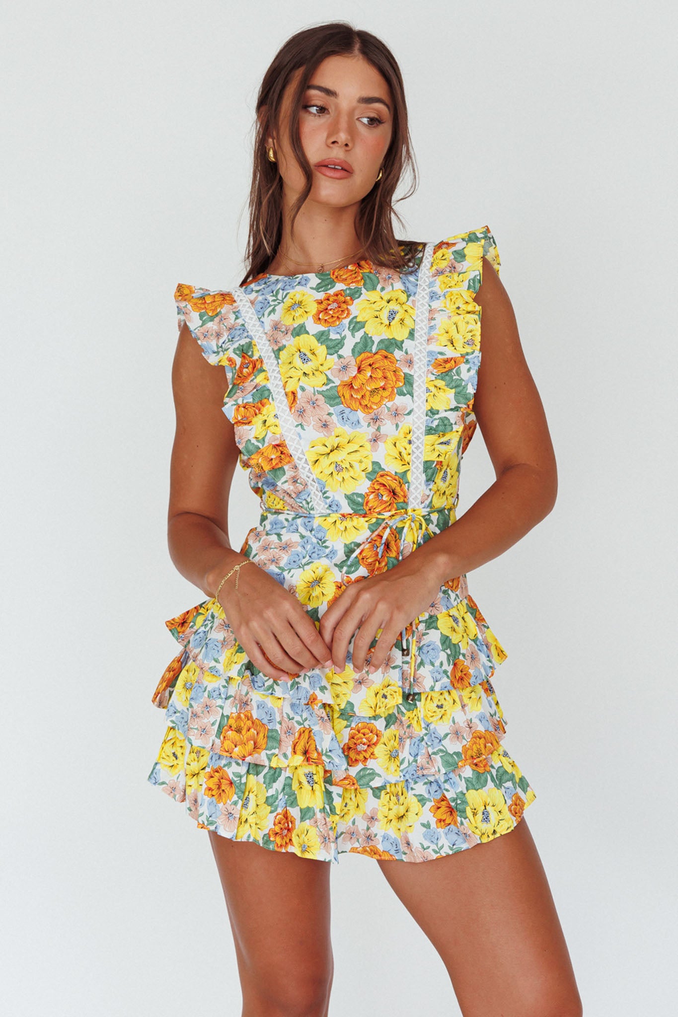 Weekend Muse Sleeveless Layered Frill Romper Yellow Floral by Selfie Leslie Australia