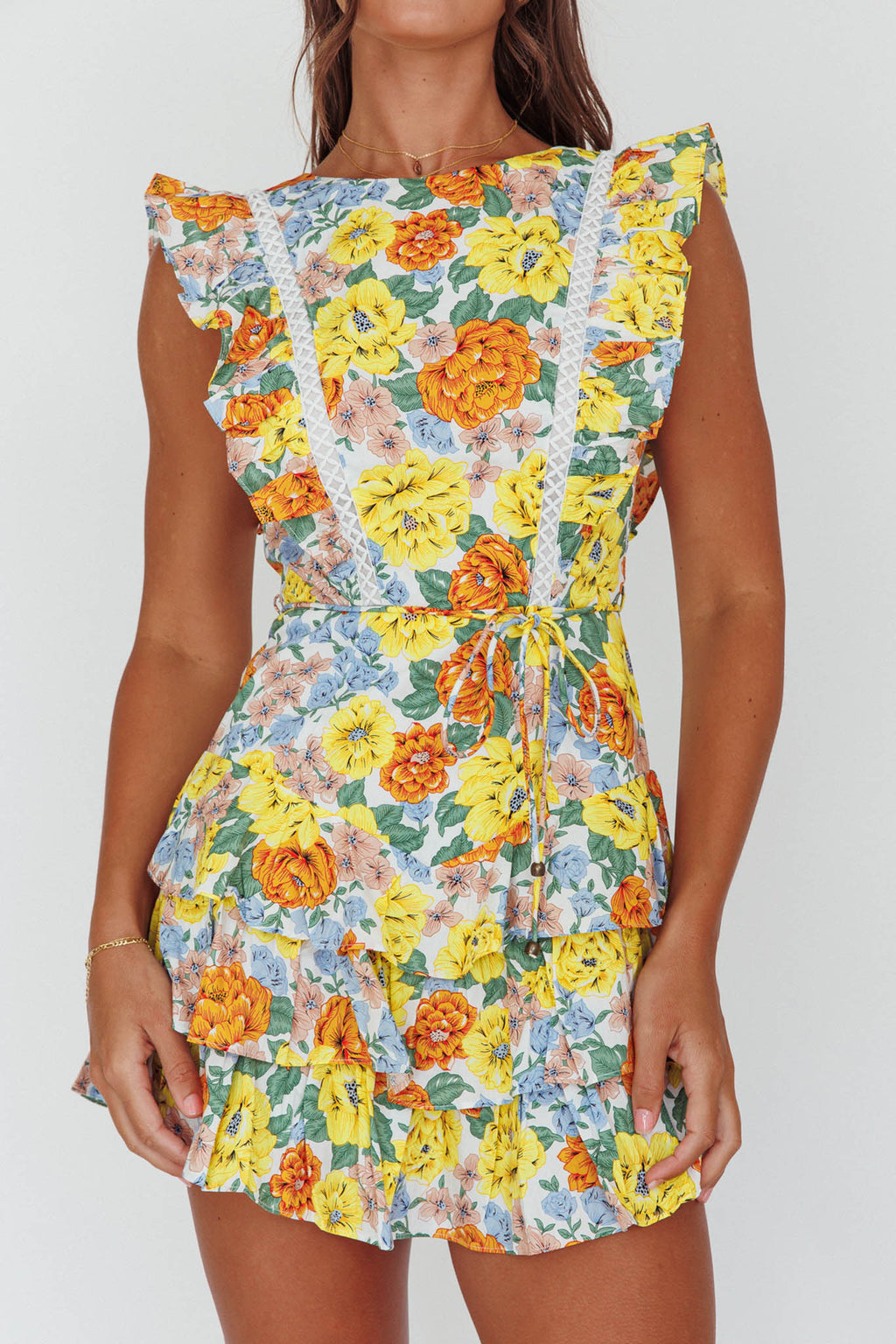 Weekend Muse Sleeveless Layered Frill Romper Yellow Floral by Selfie Leslie Australia