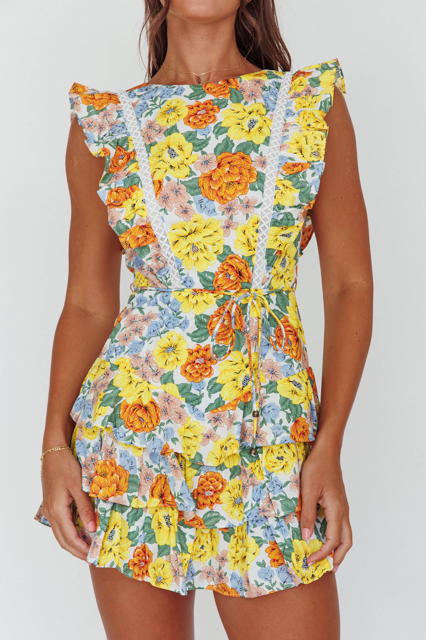 Weekend Muse Sleeveless Layered Frill Romper Yellow Floral by Selfie Leslie Australia