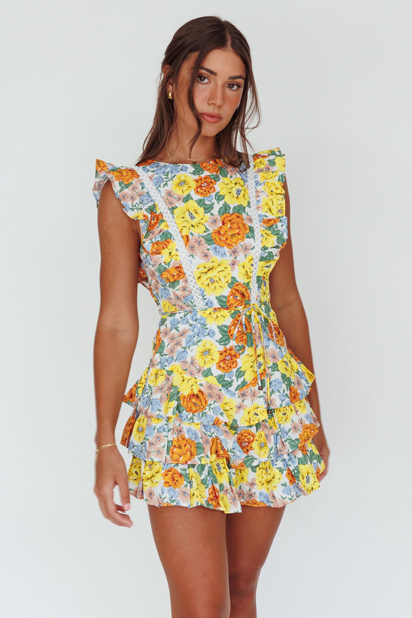 Weekend Muse Sleeveless Layered Frill Romper Yellow Floral by Selfie Leslie Australia
