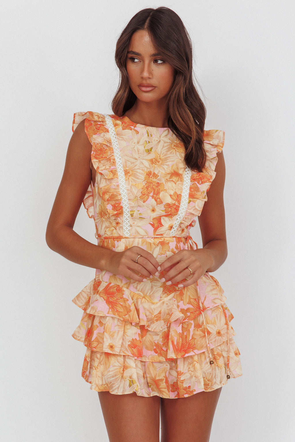 Weekend Muse Sleeveless Layered Frill Romper Flowers Yellow by Selfie Leslie Australia