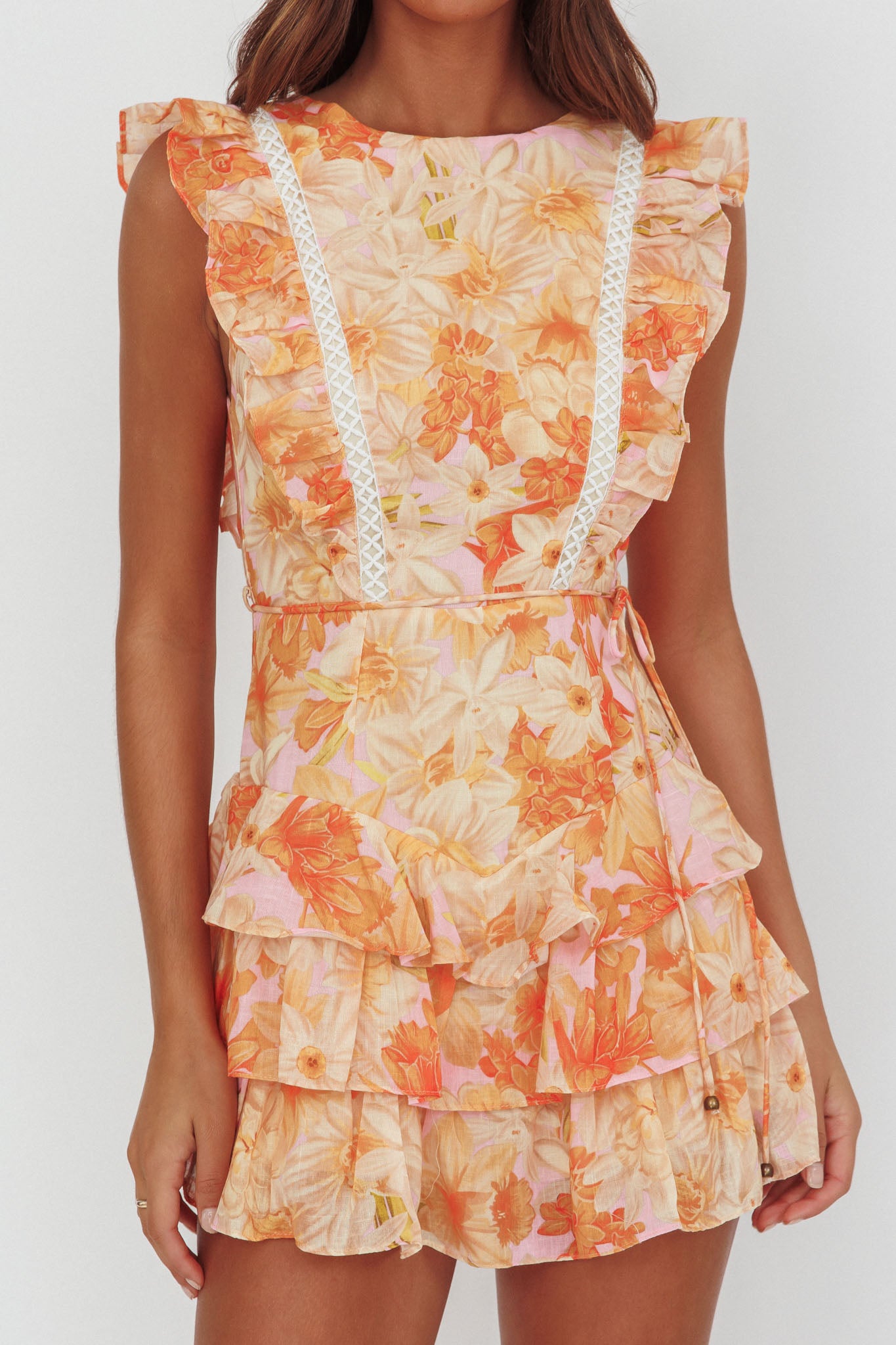 Weekend Muse Sleeveless Layered Frill Romper Flowers Yellow by Selfie Leslie Australia