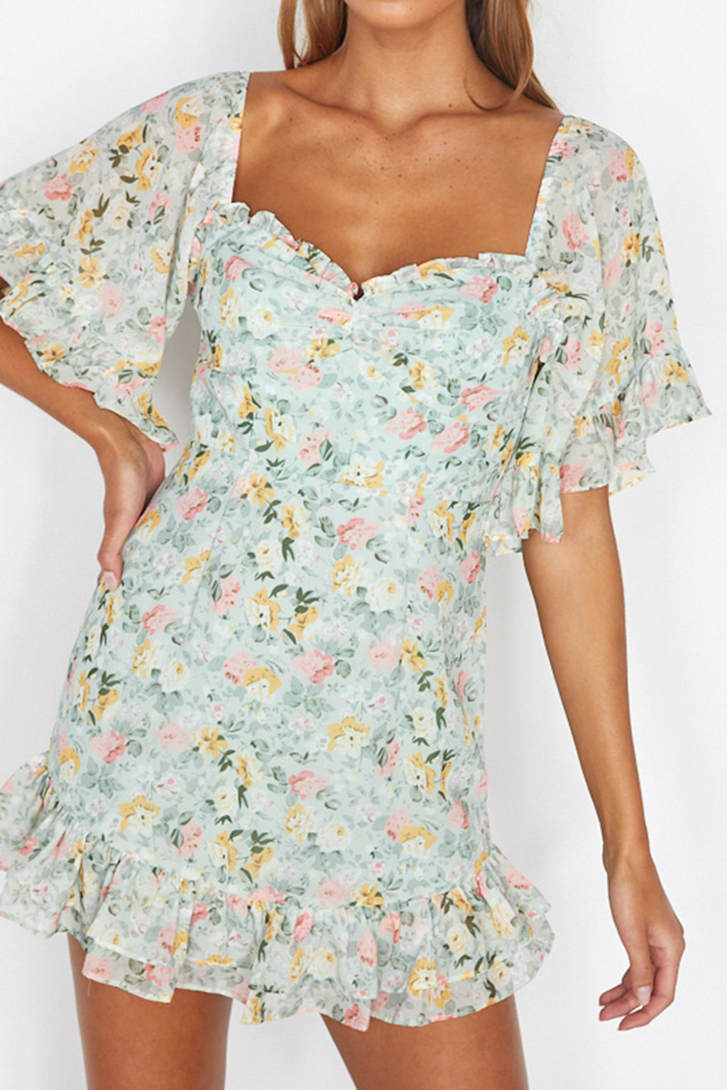 Elorah Frill Trim Mini Dress Floral Green by Selfie Leslie Australia